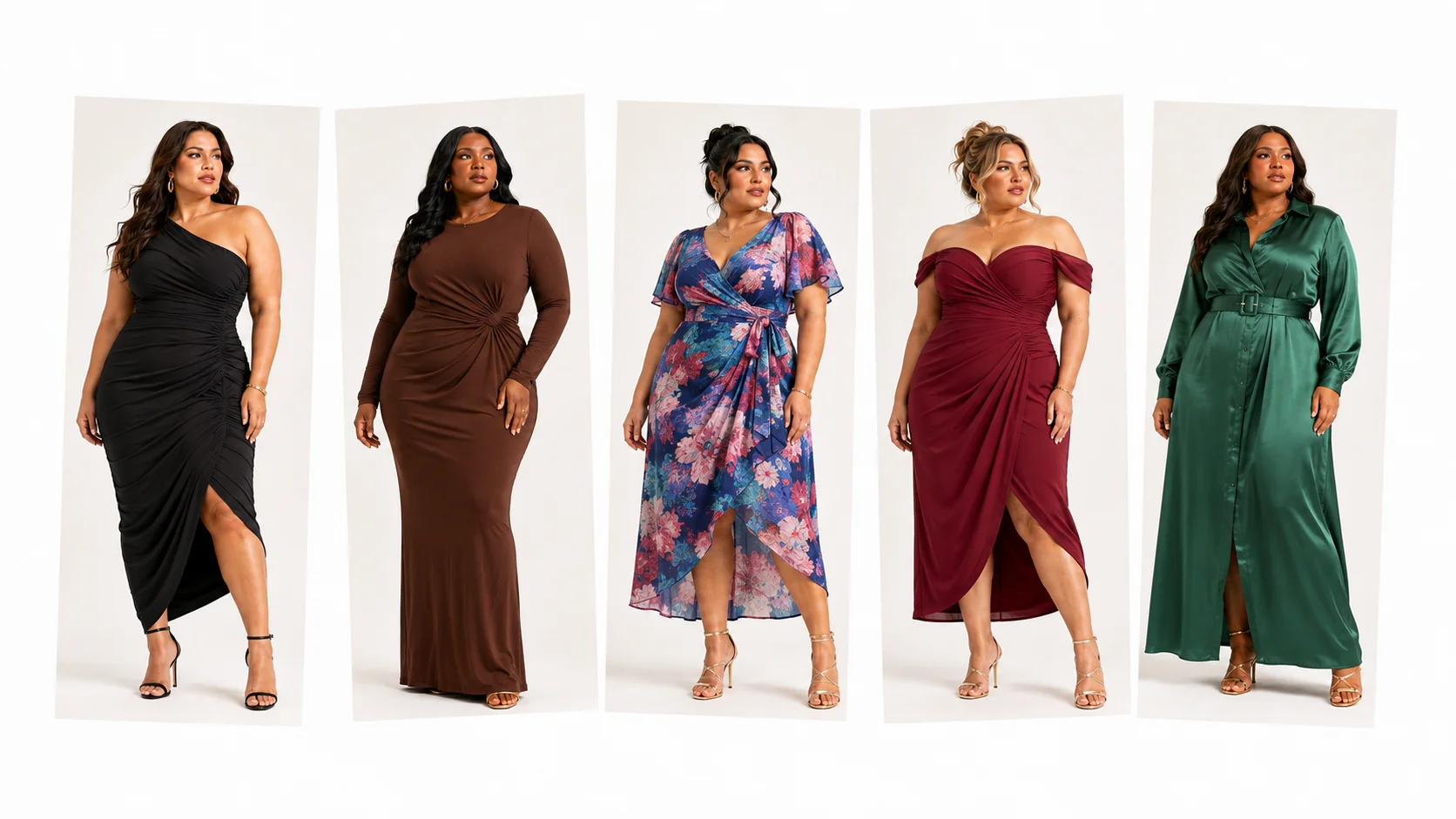 Torrid collage showing black one-shoulder, brown ruched, floral wrap, burgundy off-shoulder and green belted maxi dresses