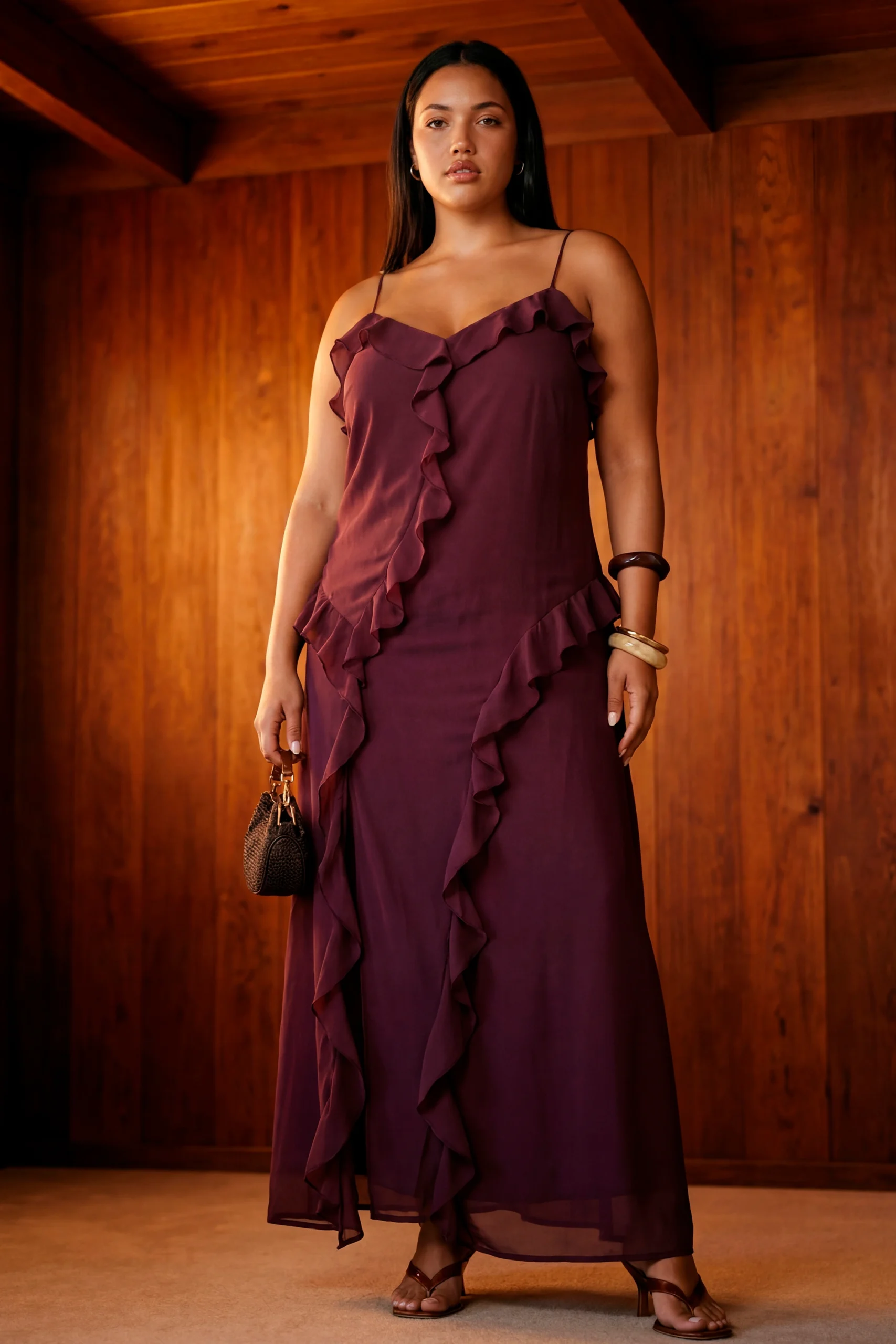Boohoo plus chiffon strappy ruffle maxi dress