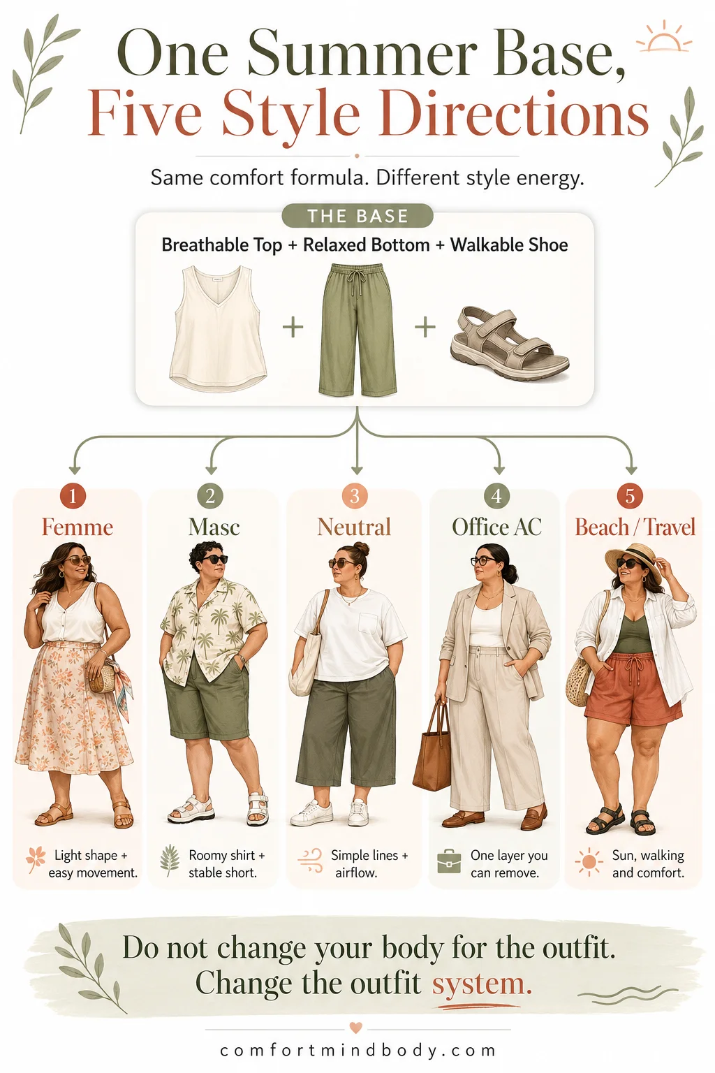 Gender-inclusive plus-size summer outfit infographic showing one breathable base styled five ways for femme, masc, neutral, office and beach looks