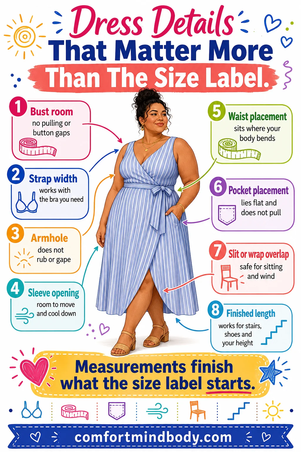 Plus-size summer dress fit infographic showing bust room, strap width, armhole, sleeve opening, waist placement, pockets, wrap overlap and finished length