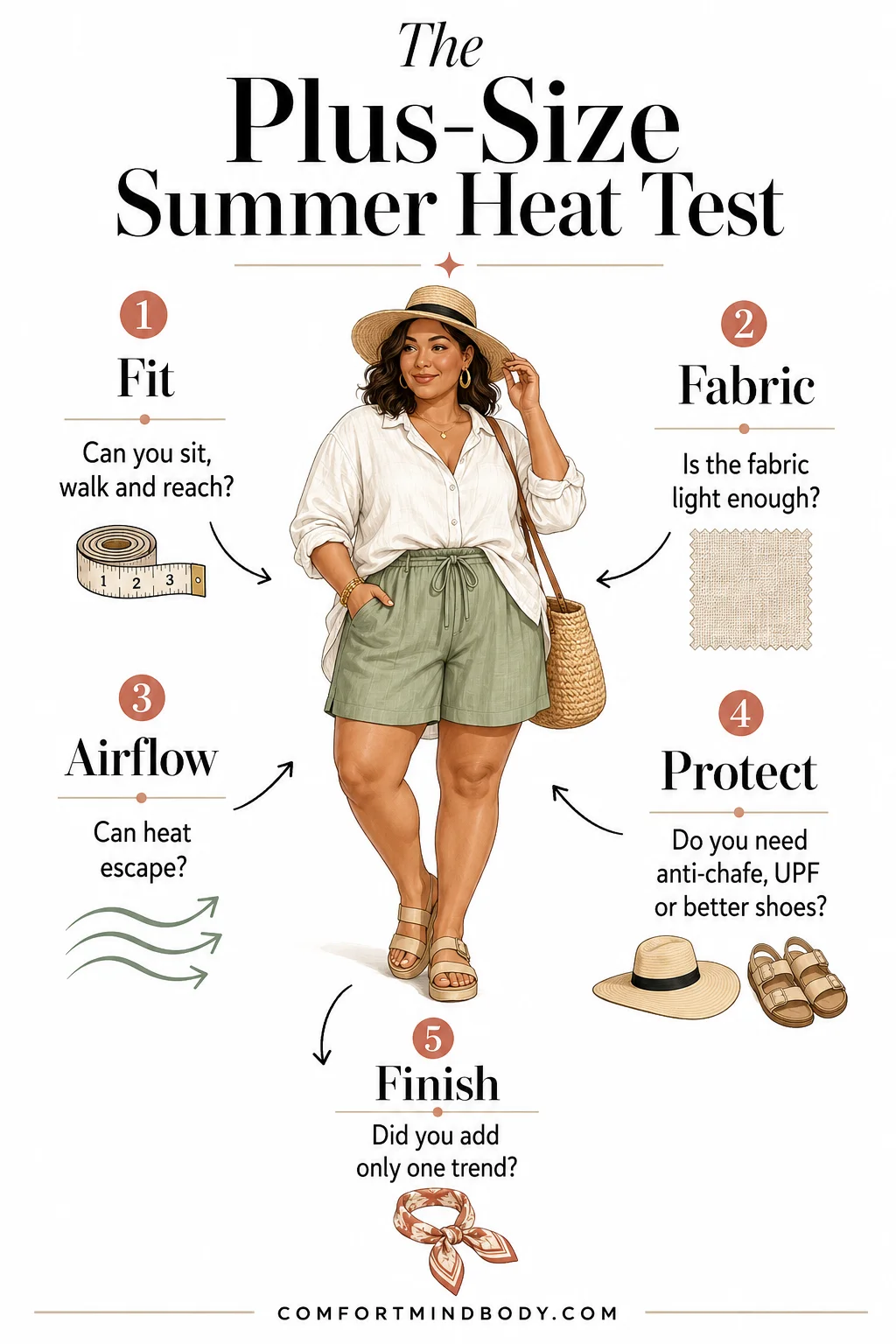 Plus-size summer fashion infographic showing the five-part heat test for fit, fabric, airflow, sun protection and one trend finish