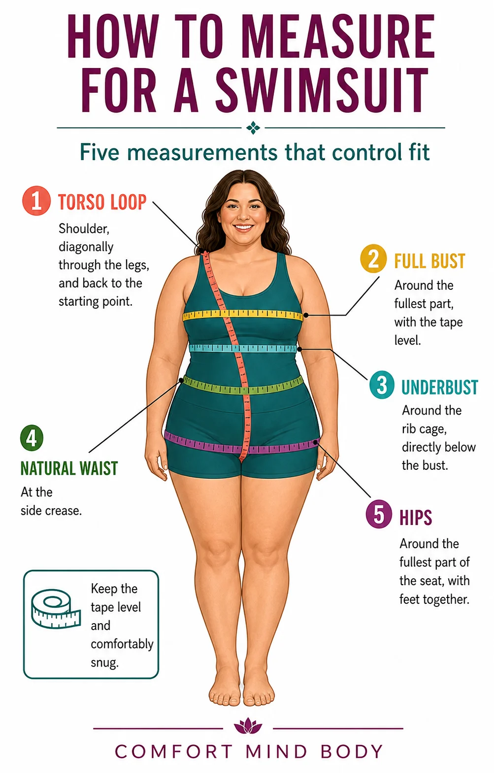 Plus-size swimsuit measurement guide showing the torso loop, full bust, underbust, natural waist and hip measurements