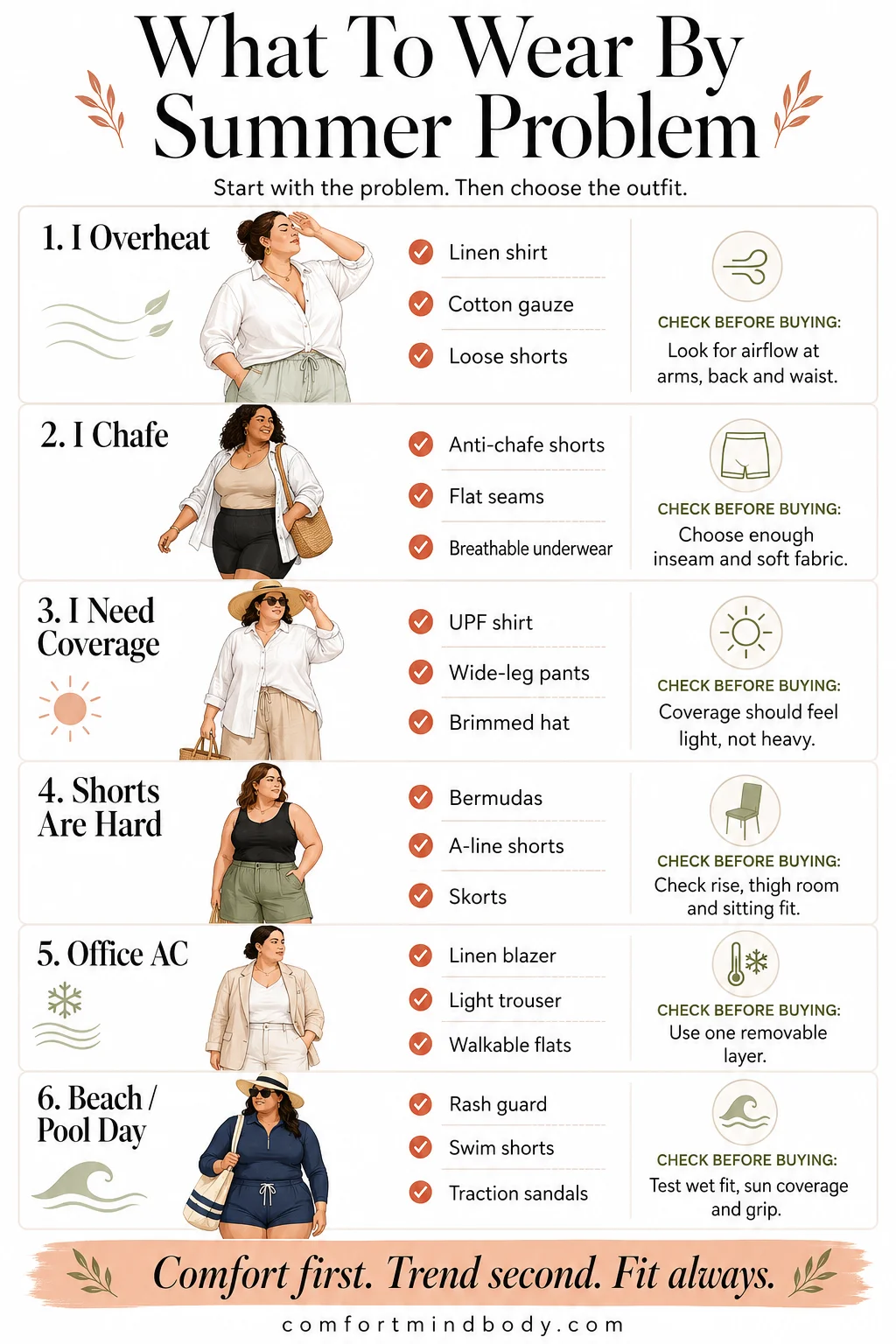 Plus-size summer outfit decision board showing what to wear for overheating, chafing, coverage, shorts, office AC and beach days