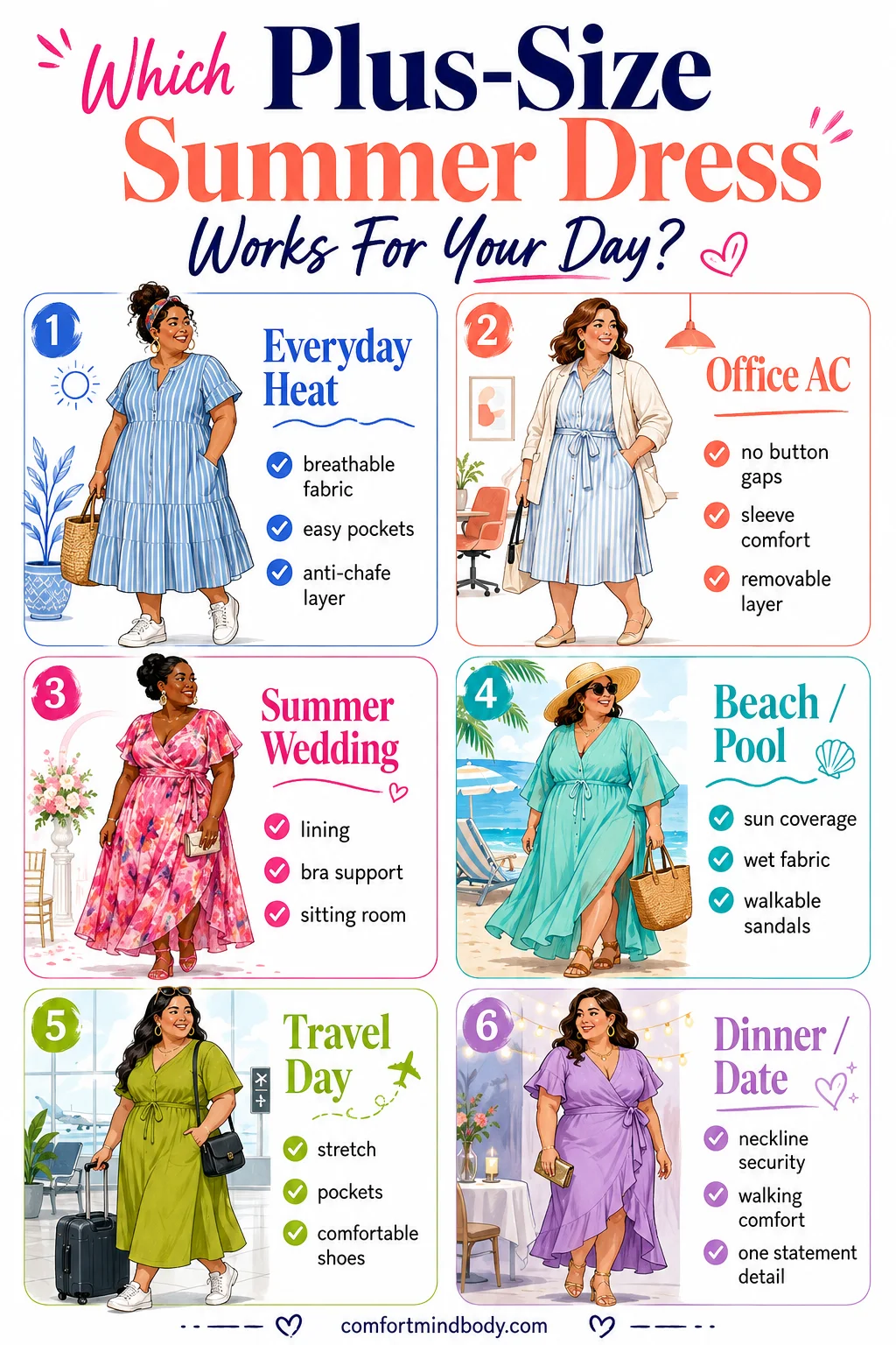 Plus-size summer dress occasion infographic showing dress ideas for everyday heat, office AC, summer wedding, beach or pool, travel day and dinner date
