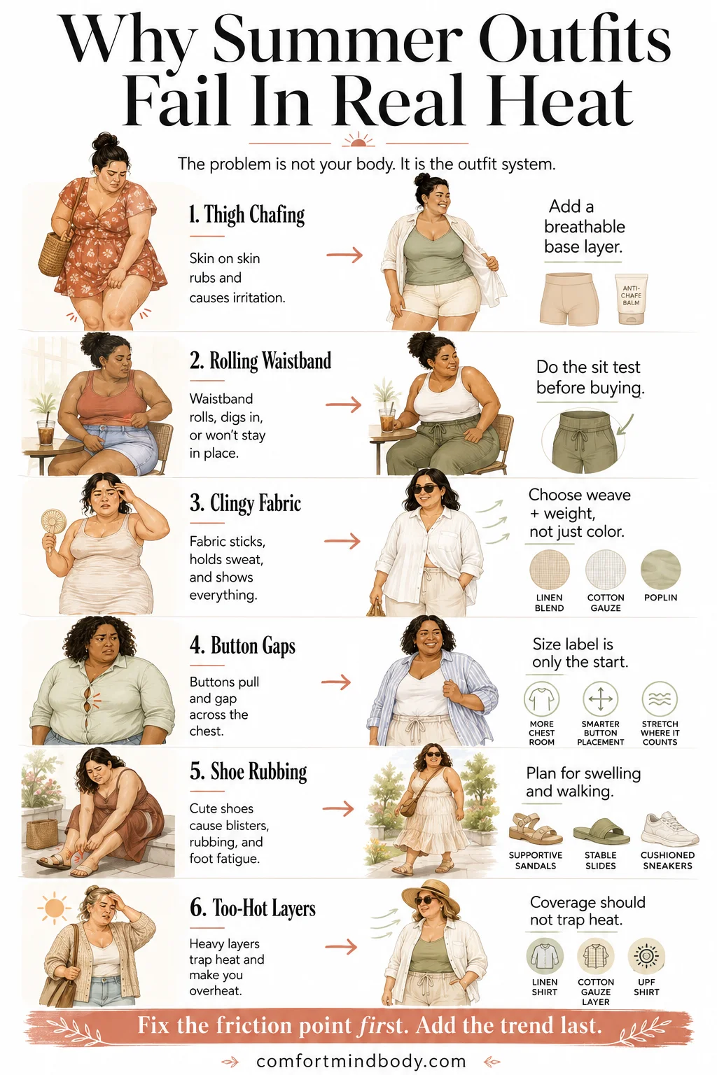 Plus-size summer fashion infographic showing why outfits fail in real heat and how to fix chafing, rolling waistbands, clingy fabric and shoe rubbing