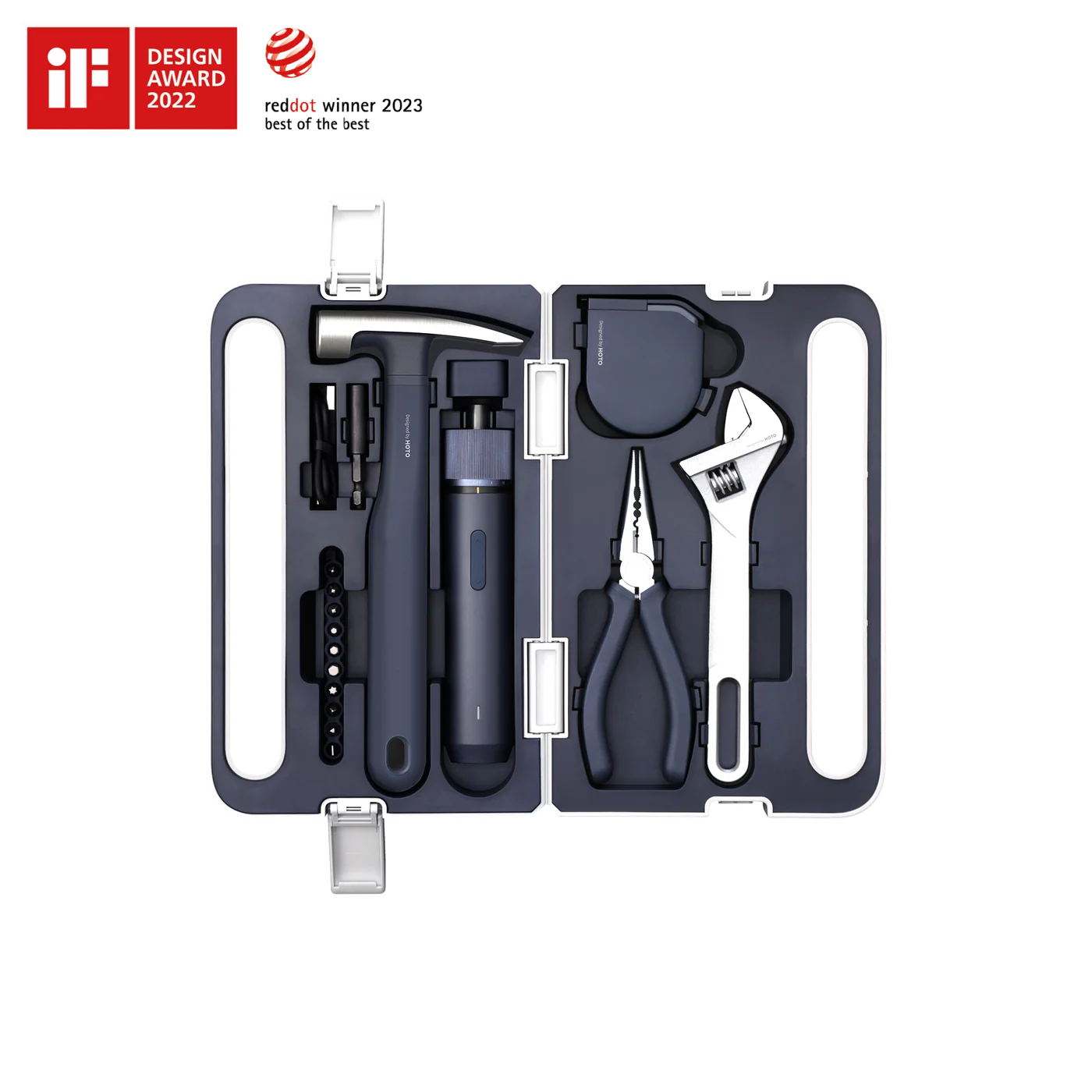 HOTO screwdriver and hand tools arranged in an open black case.