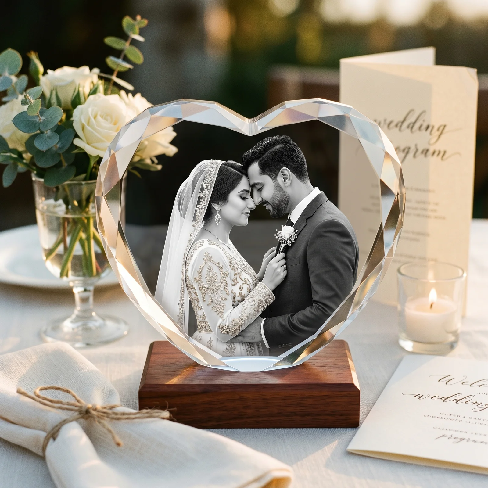 Faceted heart-shaped crystal displaying a couple’s photo on a wooden base.