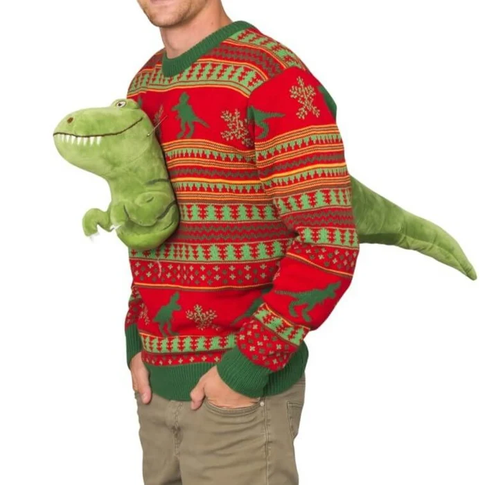 77 Best Christmas Gift Ideas That Feel Personal, Useful and Fun 70 Red and green Christmas sweater with a three-dimensional T-Rex plush head and tail.