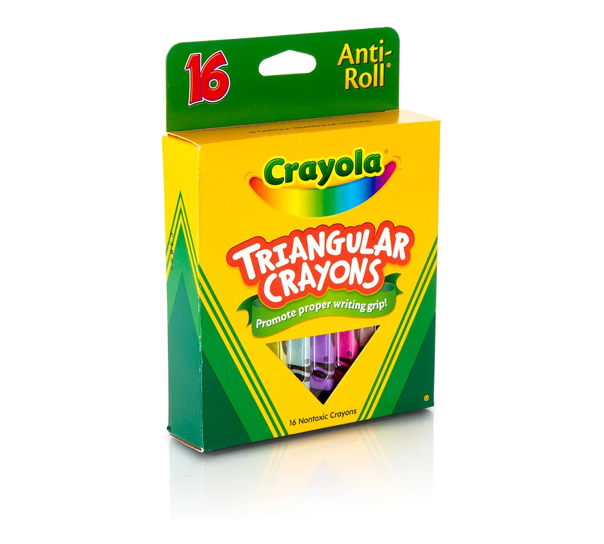 Crayola Anti-Roll Triangular Crayons in a box labeled 16 crayons.