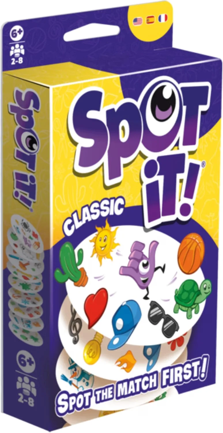 Spot It! Classic card game in purple and yellow Pocket Eco packaging.