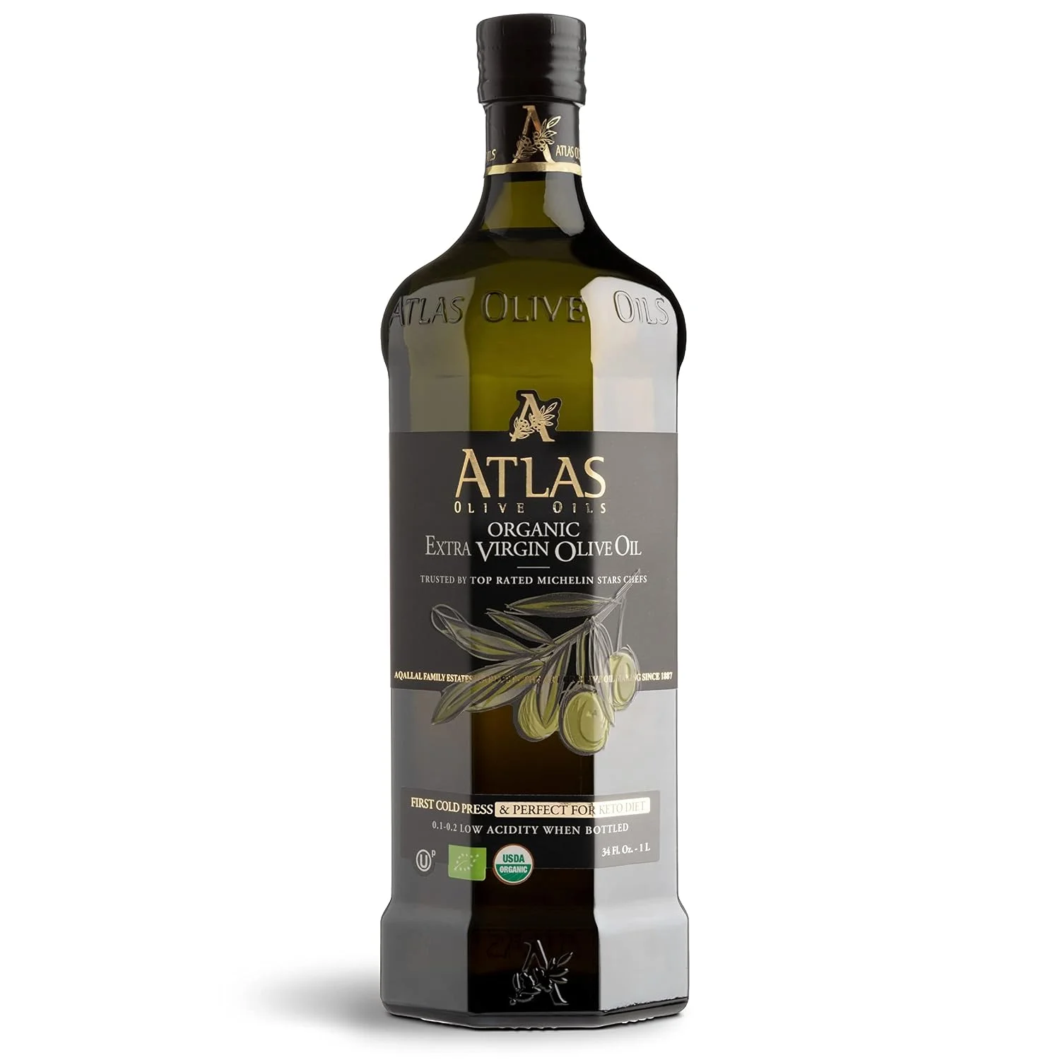 Dark Atlas olive oil bottle with a black cap and green label.