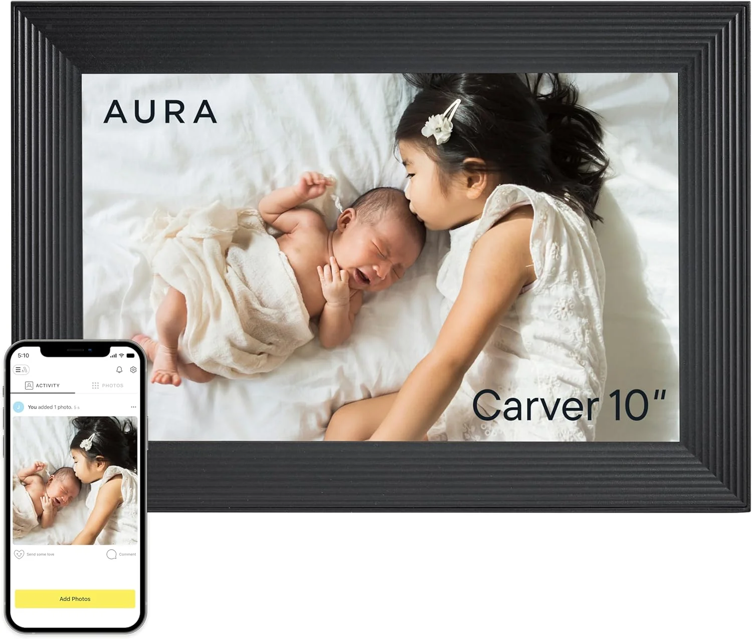 Aura digital picture frame displaying a photograph.