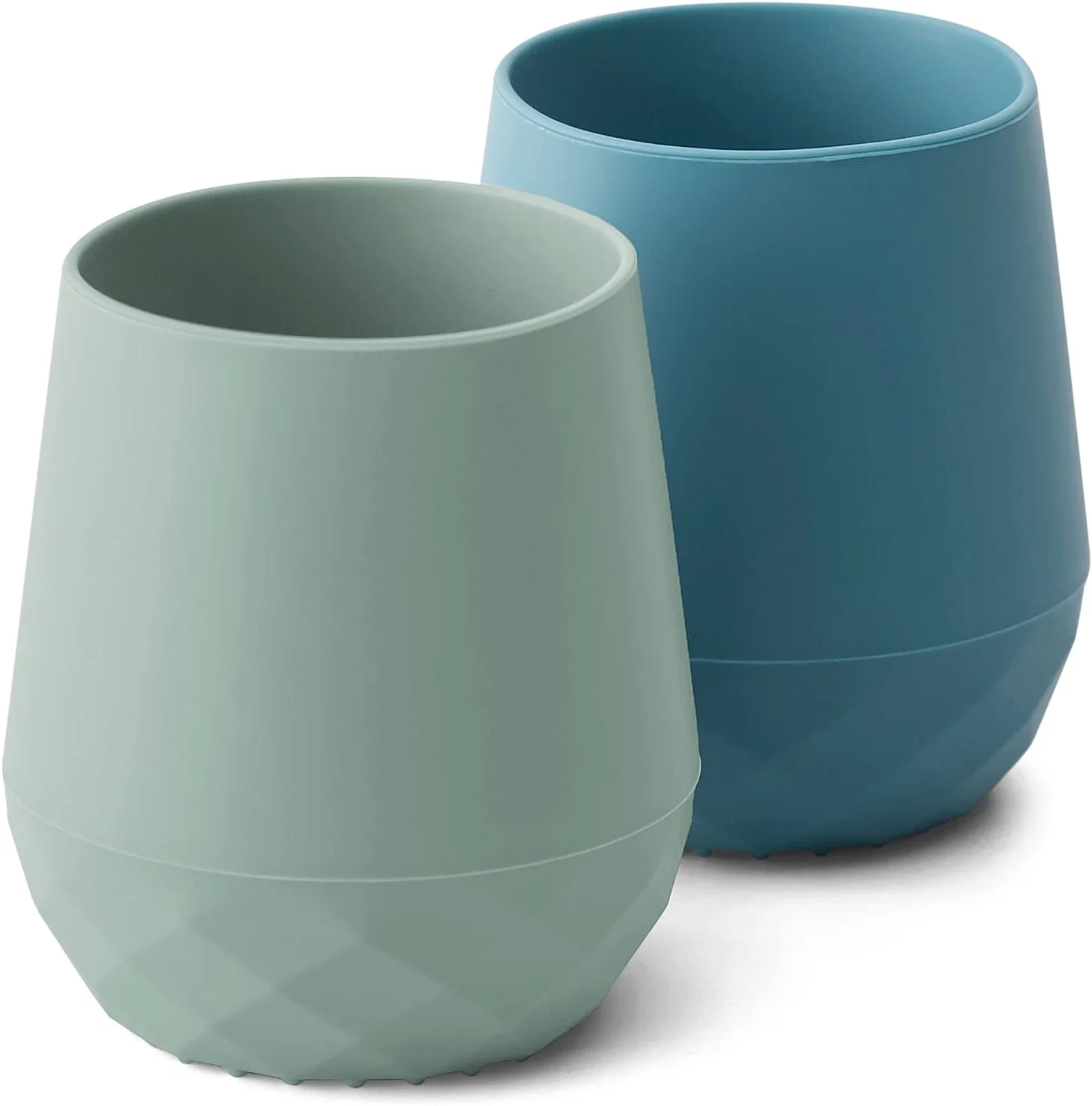 SAMiGO Serene silicone baby cups in sage green and blue.