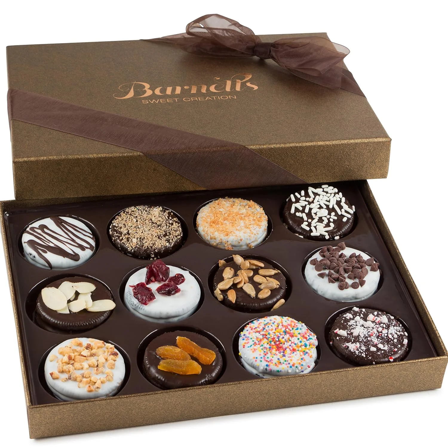 Barnetts gift box containing twelve decorated chocolate-covered cookies.