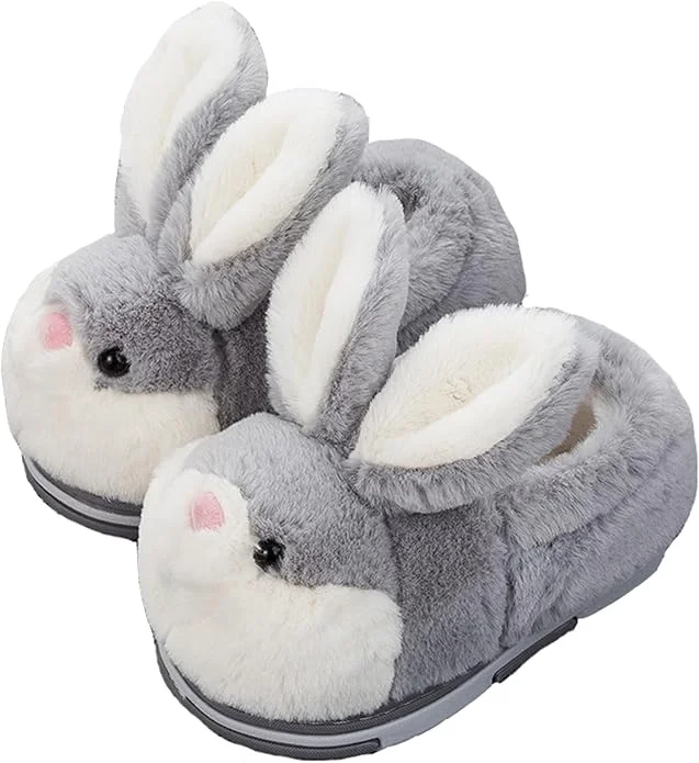 Grey plush bunny slippers with long ears and white muzzles.