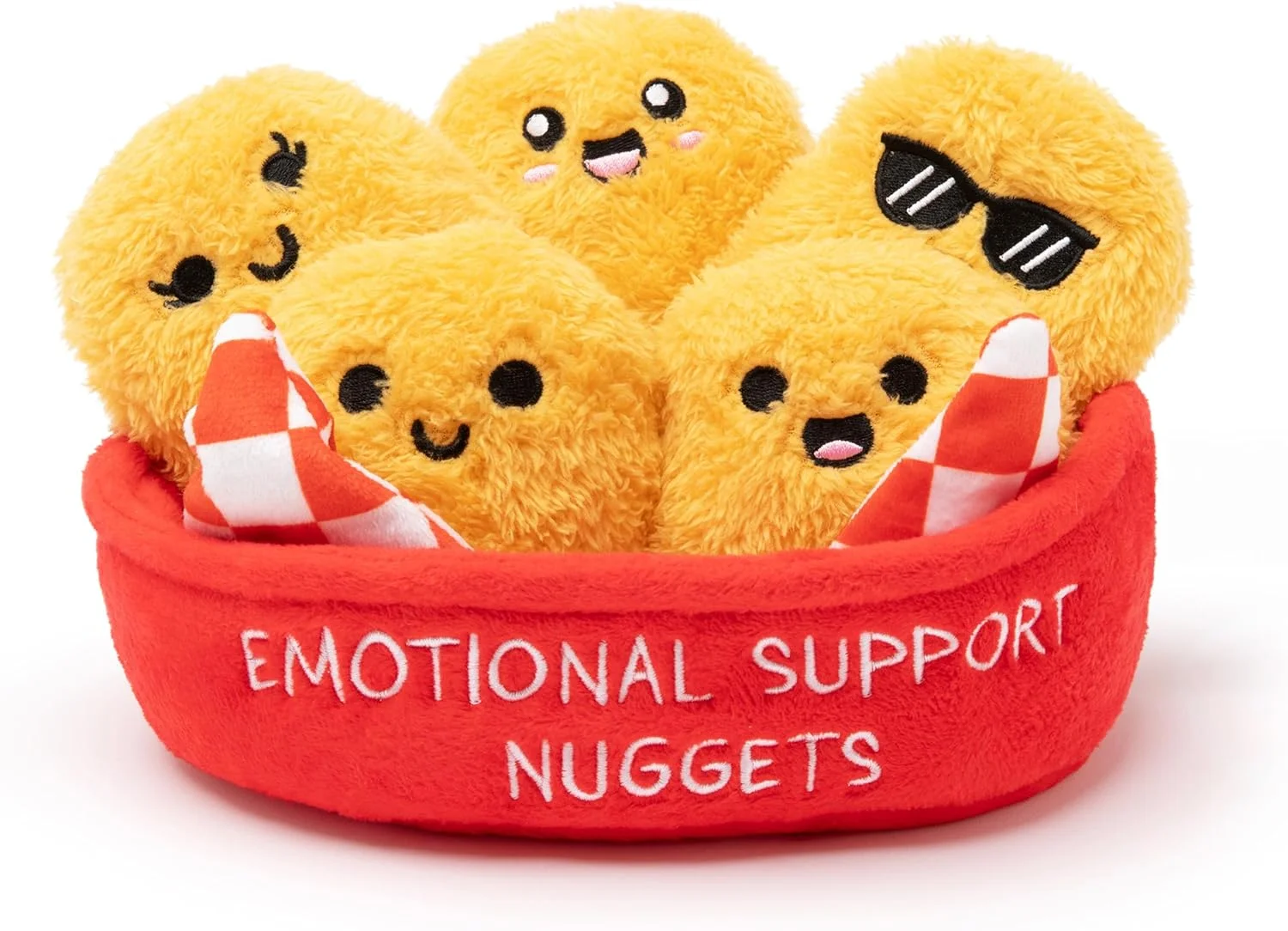 Five chicken-nugget plush toys with different faces in a red basket