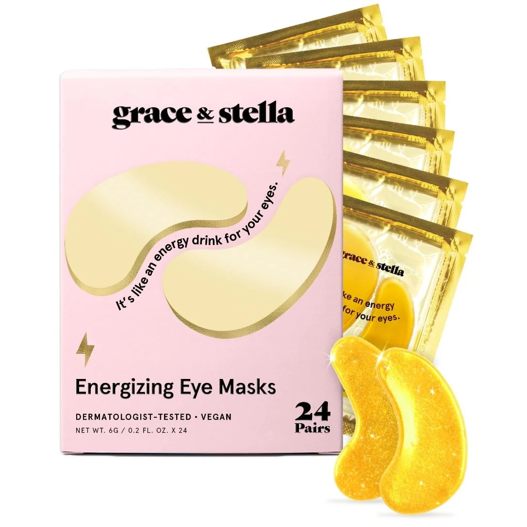 grace & stella gold eye masks beside a pink box marked 24 pairs.