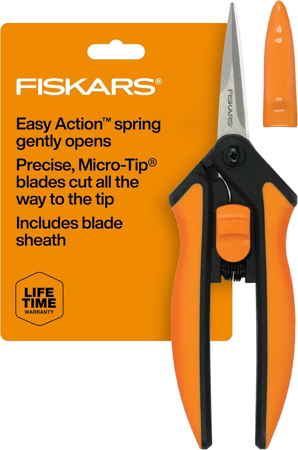 Fiskars Micro-Tip pruning snips with orange handles and a blade sheath.