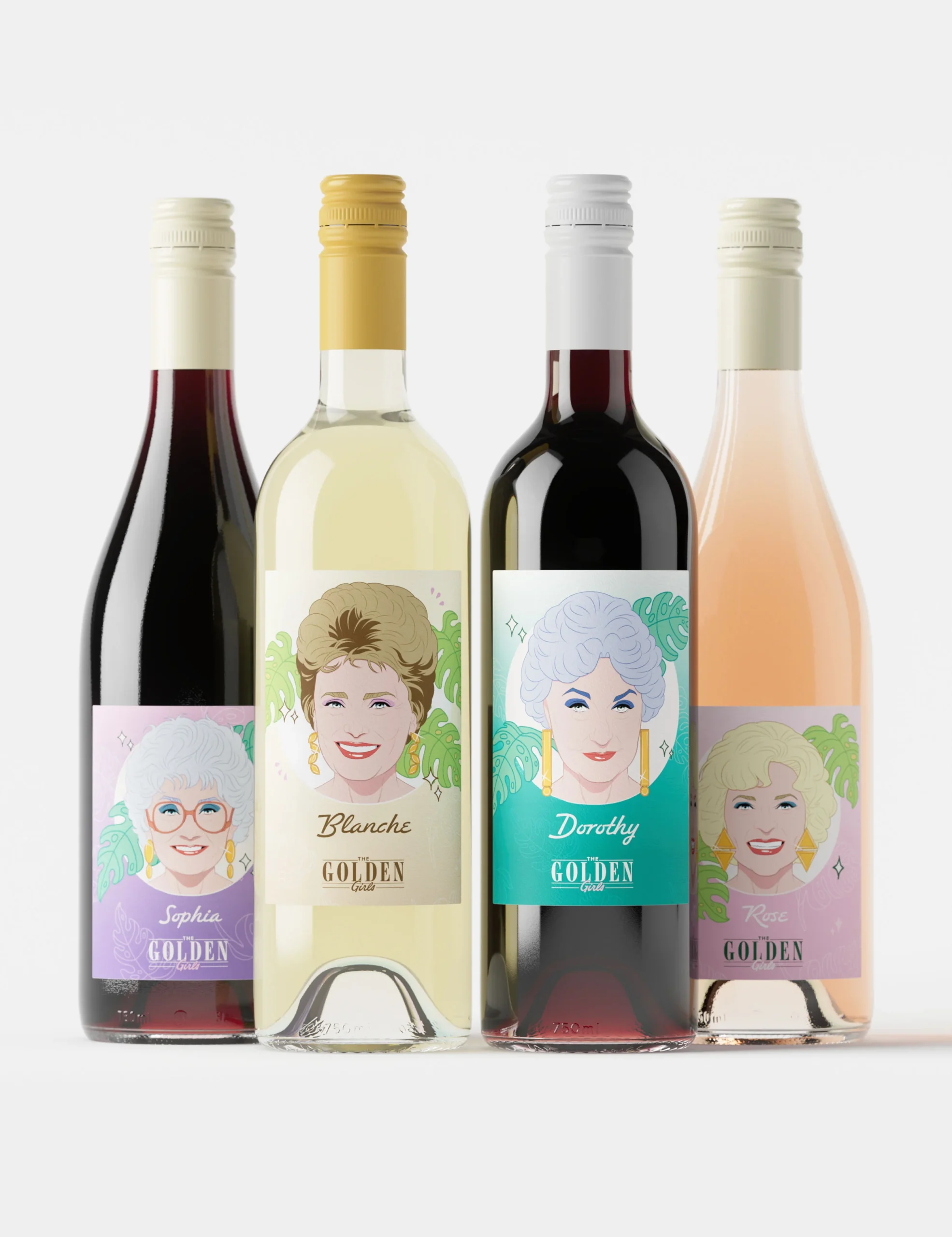 77 Best Christmas Gift Ideas That Feel Personal, Useful and Fun 24 Four Golden Girls wine bottles featuring Sophia, Blanche, Dorothy, and Rose.