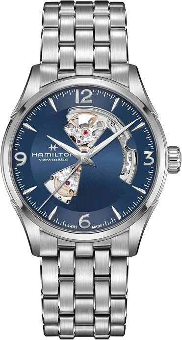 Hamilton Jazzmaster Open Heart watch with a blue dial and steel bracelet