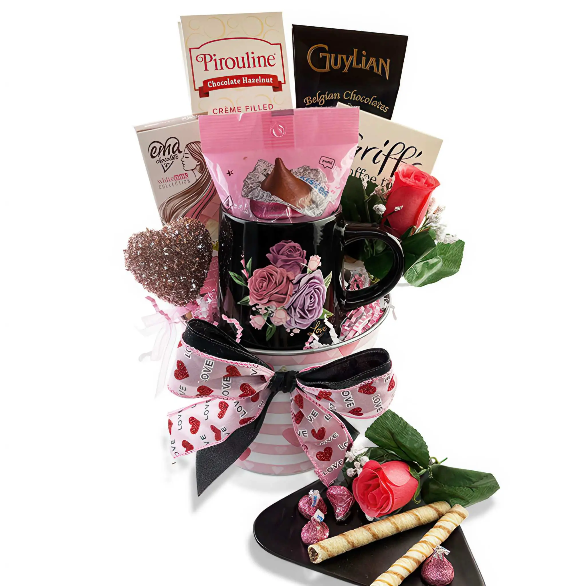 Happy Valentine’s Day gift basket with assorted treats.