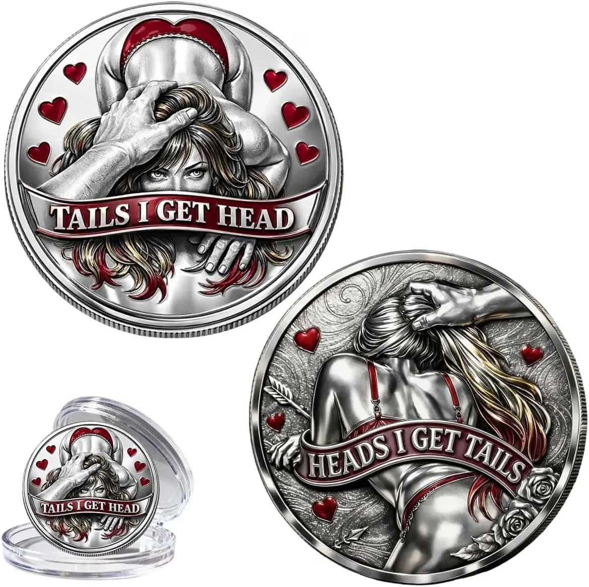 Two-sided commemorative coin with adult joke wording.