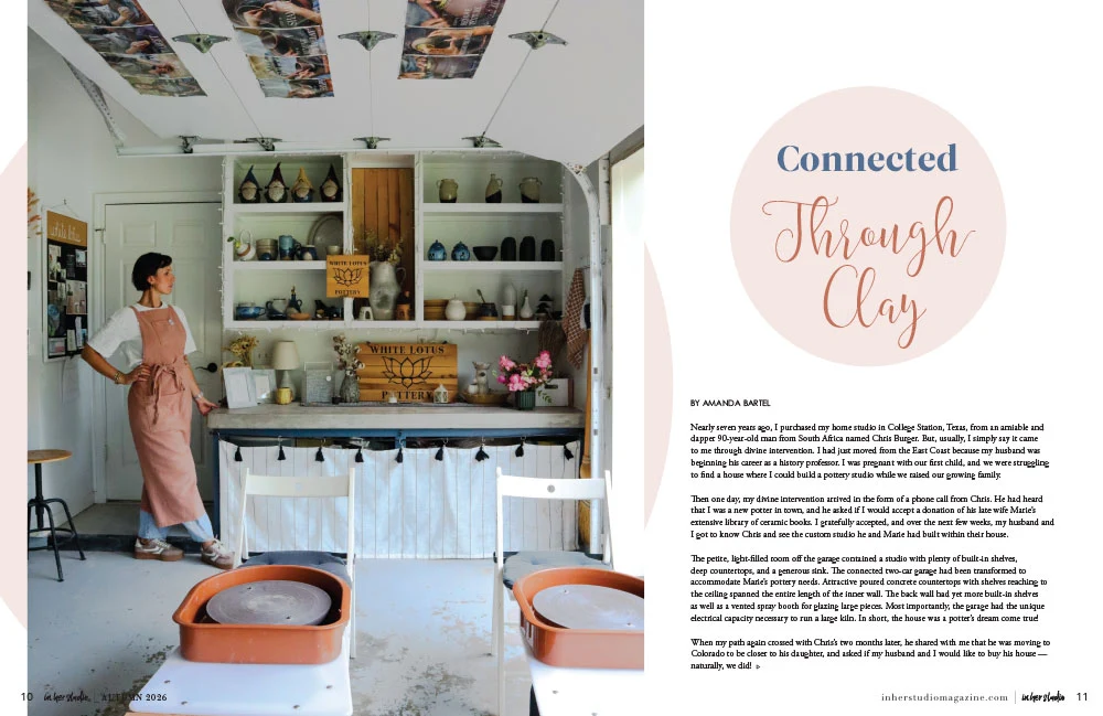 Inside spread from In Her Studio, Autumn 2026, featuring Connected Through Clay