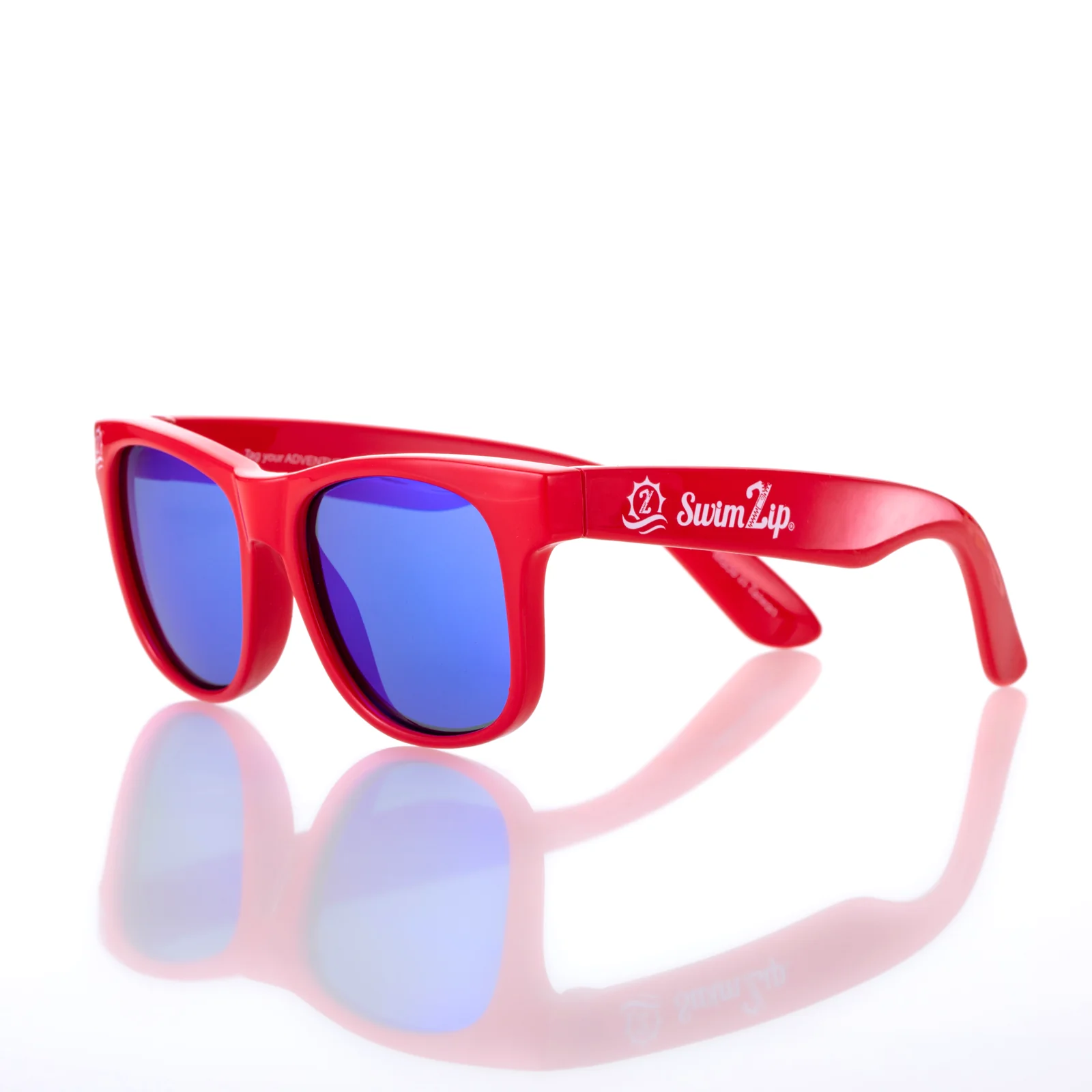 Red SwimZip Kids Wayfarer sunglasses with blue mirrored lenses.