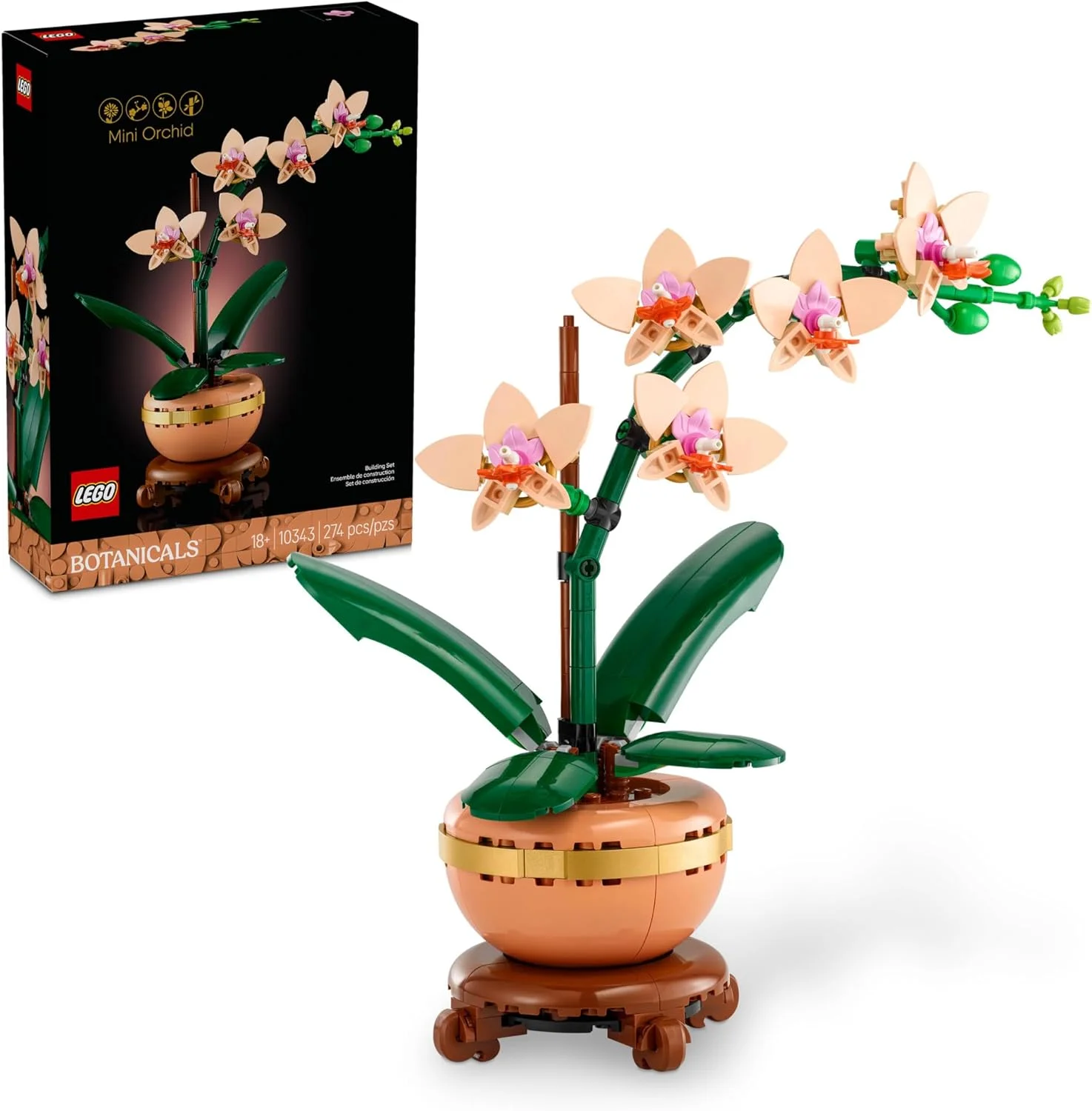 LEGO Botanicals Mini Orchid displayed beside its set 10343 box.