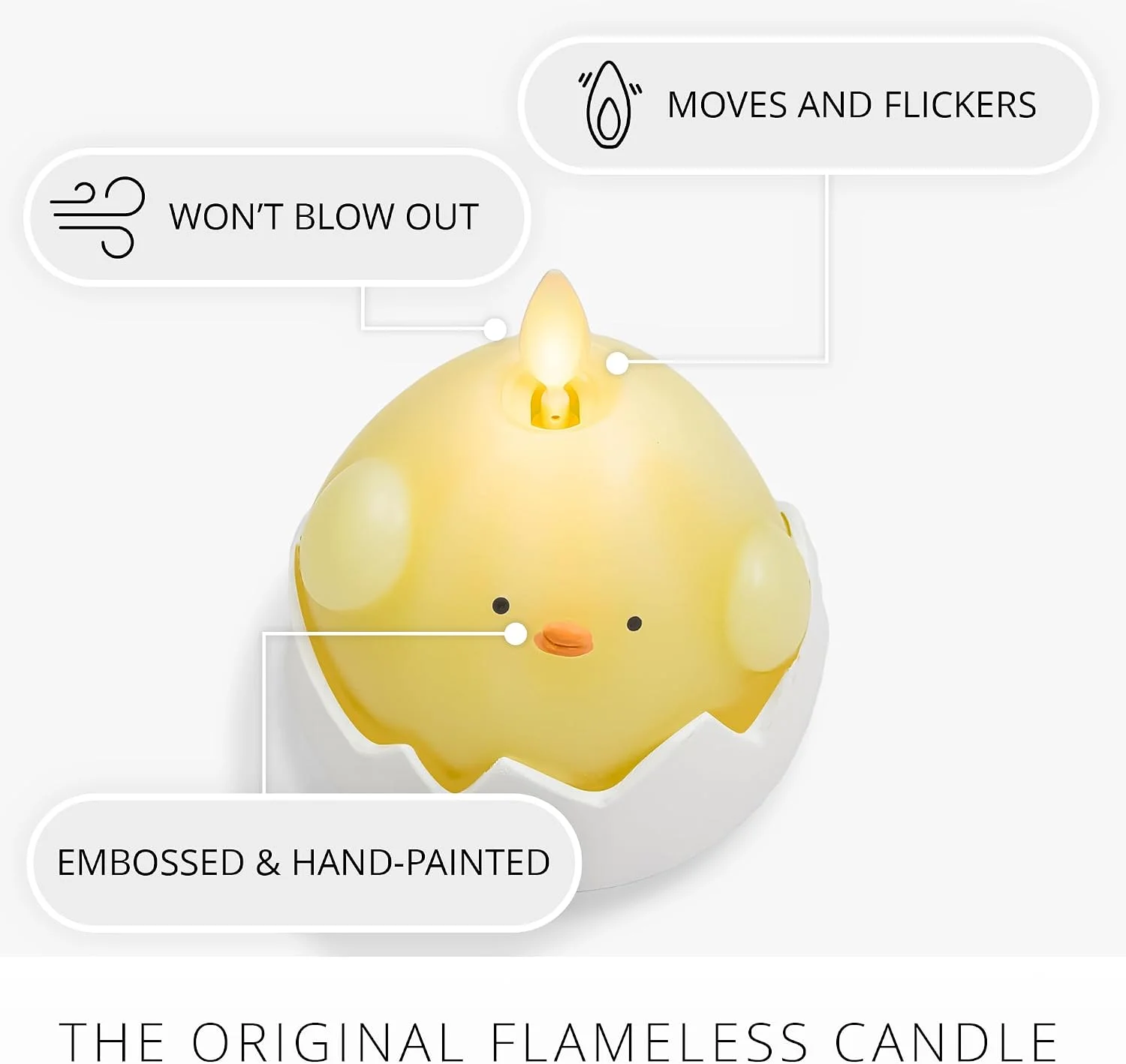 Yellow Luminara chick candle sitting in a white cracked eggshell.