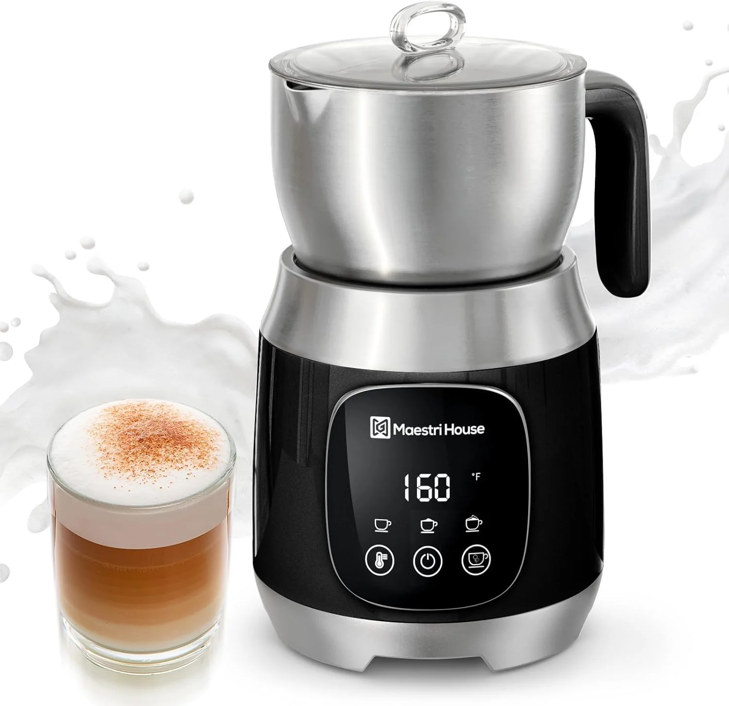 Maestri House milk frother with a stainless steel pitcher and black control base.