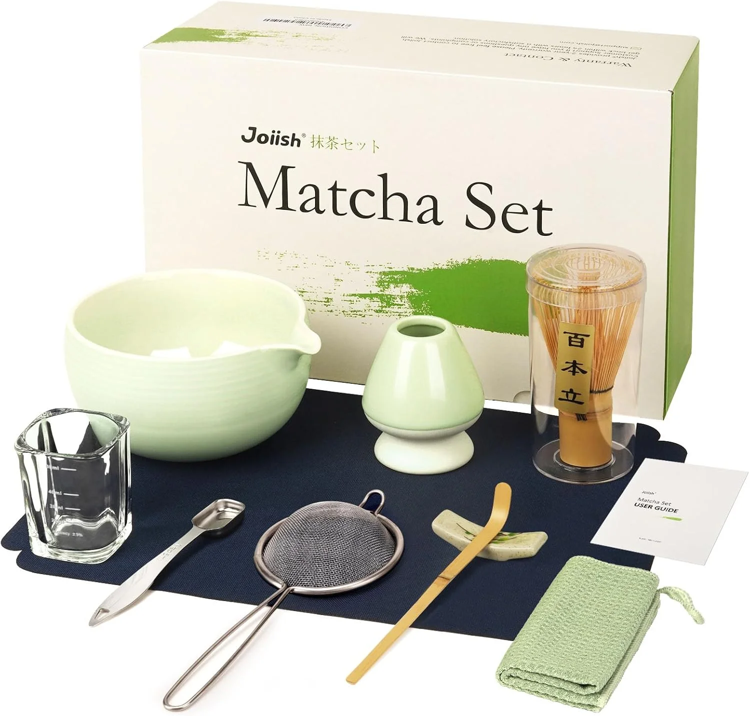 Green Joiish matcha set with a bowl, whisk, strainer and measuring tools.