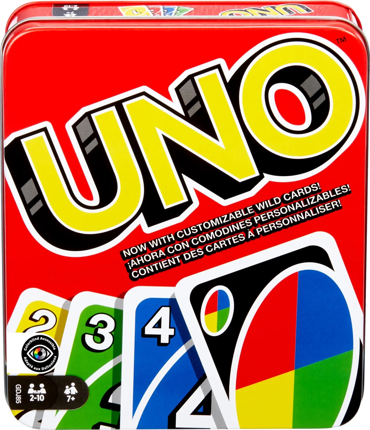 Red UNO storage tin with number cards and a customizable Wild card pictured on the front.