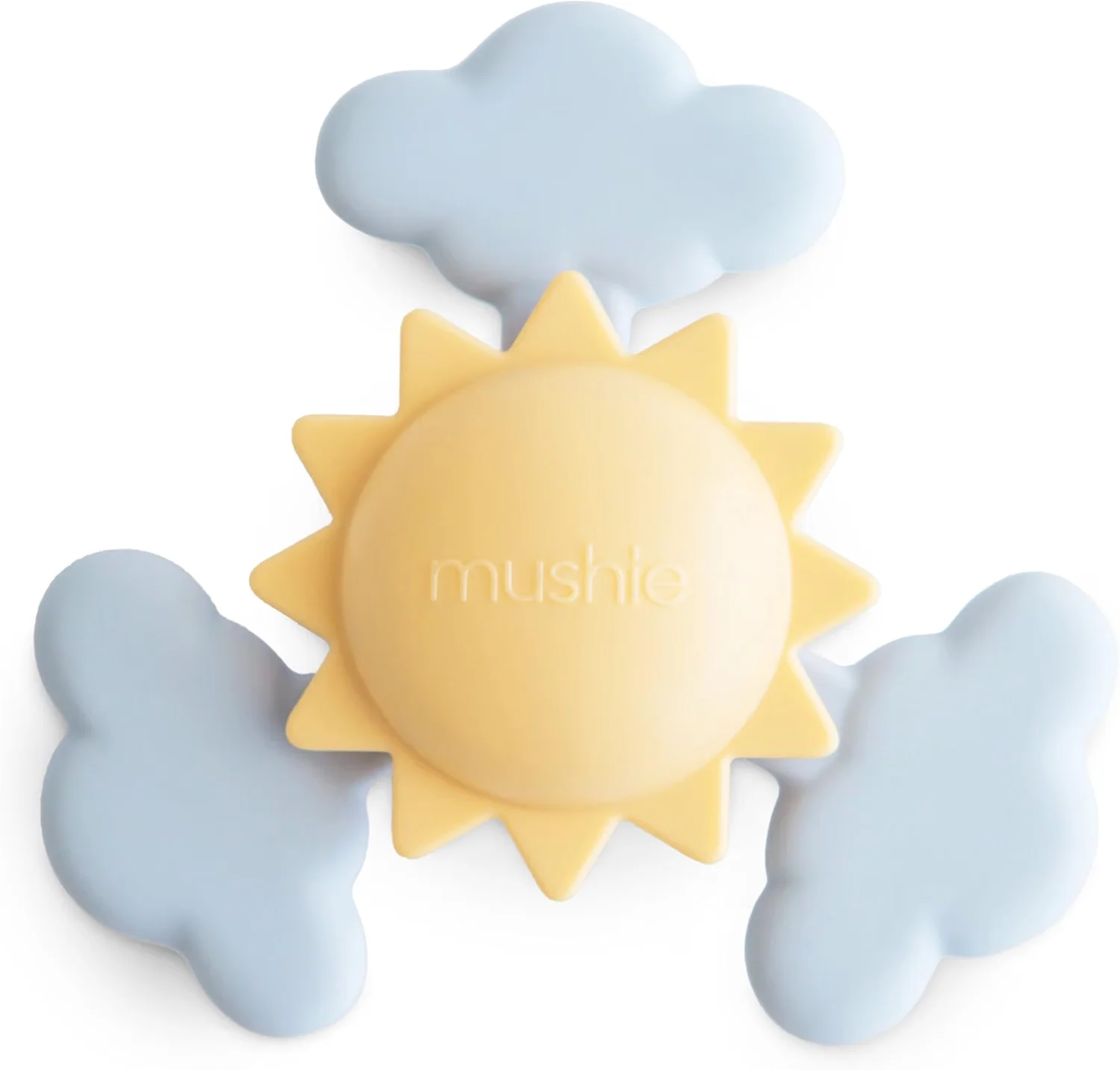 Mushie Sunshine suction spinner with a yellow sun and three pale blue clouds.