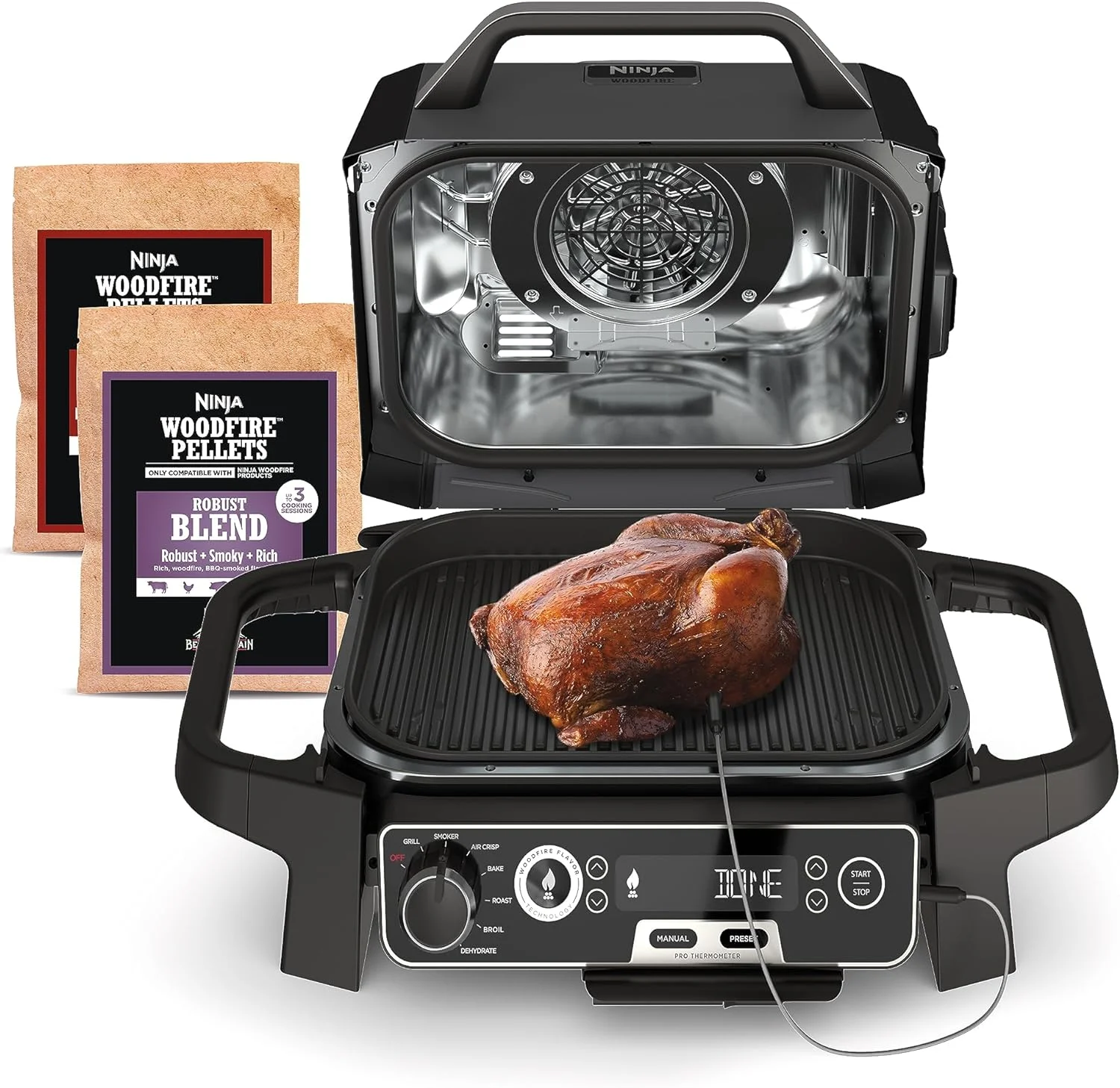 Open Ninja Woodfire outdoor grill with a thermometer probe and wood pellet bags