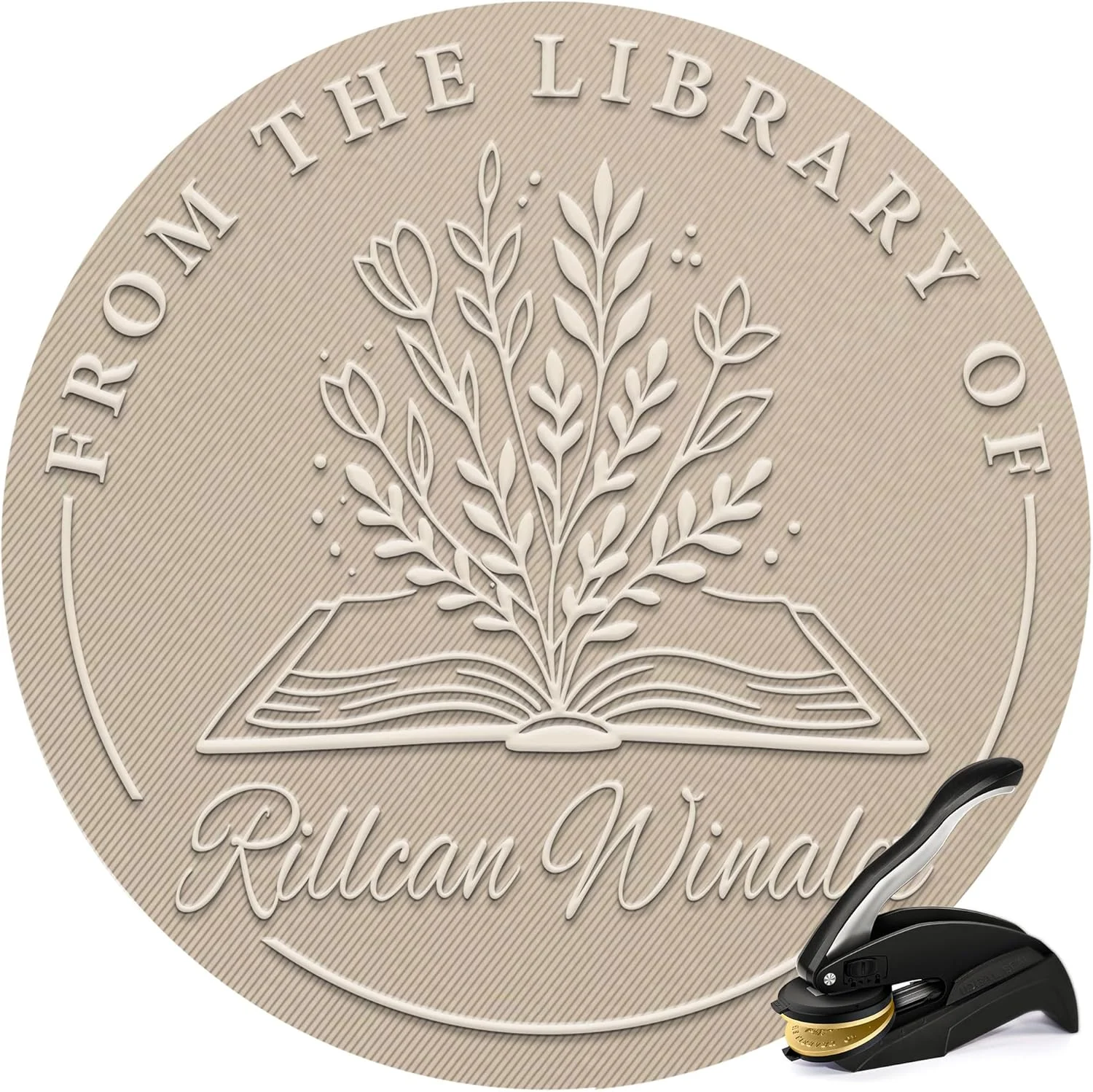 Personalized book embosser with a sample floral library impression.