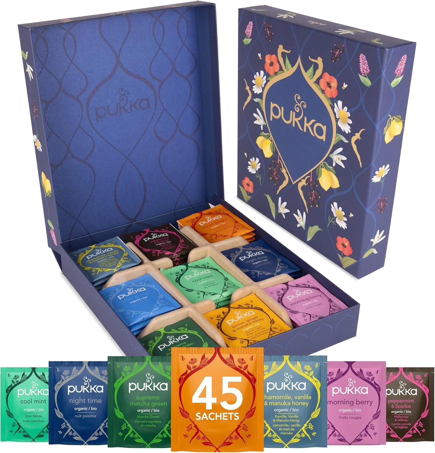 Open Pukka tea gift box with nine colorful tea varieties.