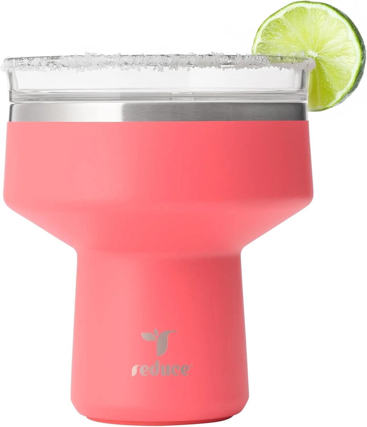 Coral pink REDUCE Saltini tumbler with a lime slice on the rim
