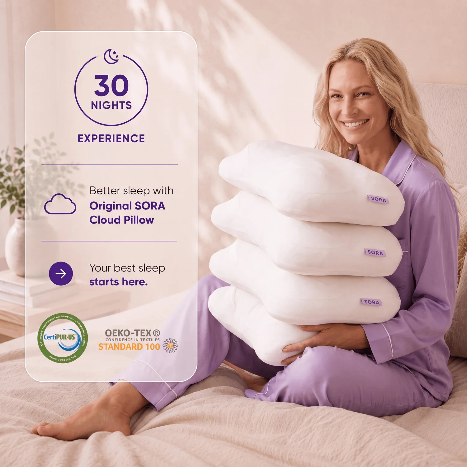 Woman holding three white contoured SORA Cloud Pillows.