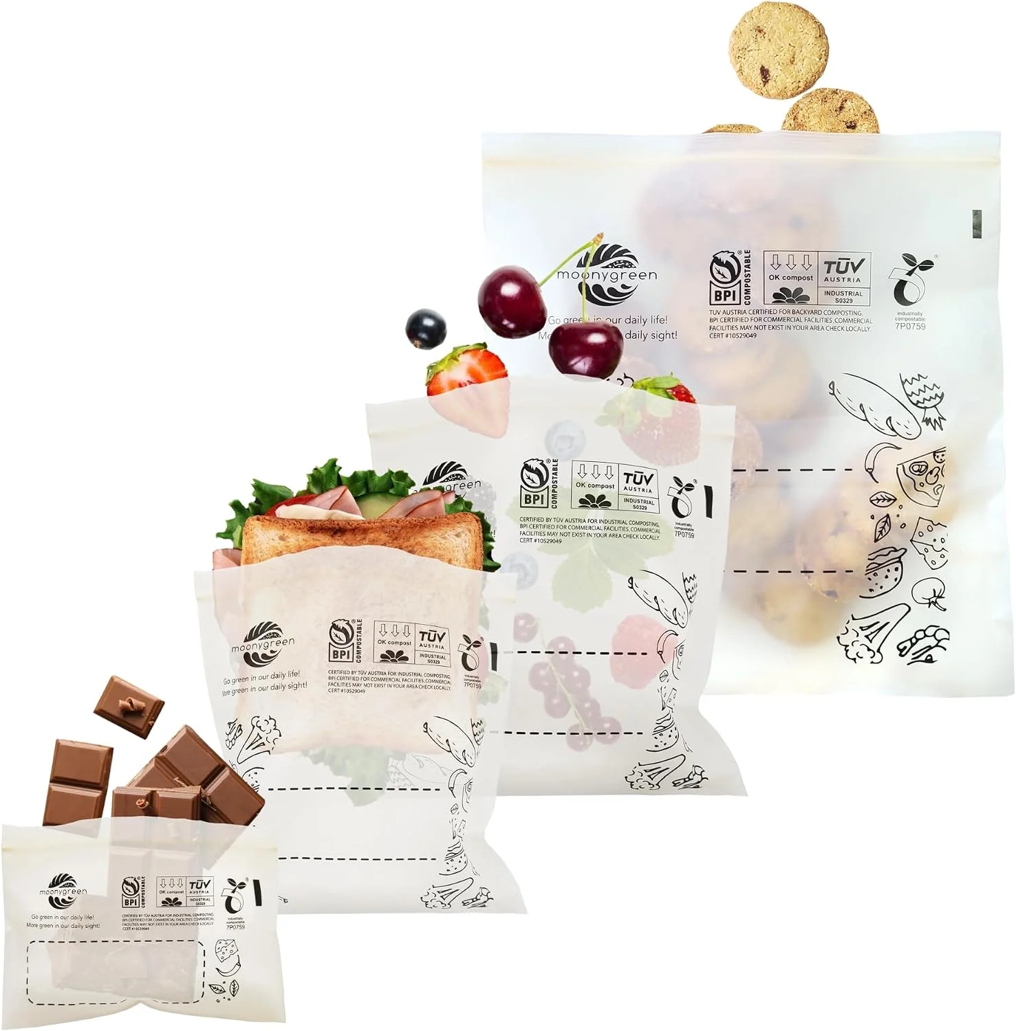 Moonygreen food storage bags shown in four sizes with snacks and a sandwich.