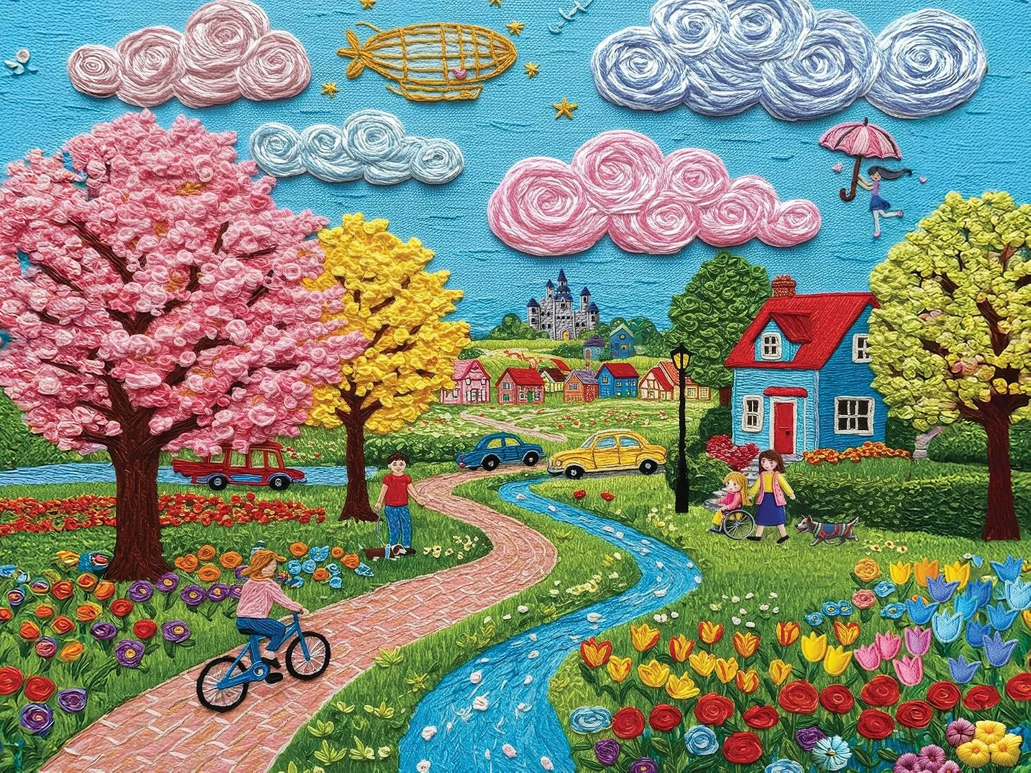 Springbok Springtime Stroll puzzle artwork with flowering trees, houses and a winding path.