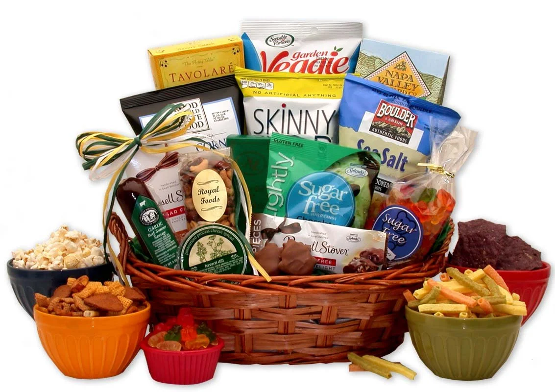 Woven gift basket filled with assorted packaged snacks and sugar-free sweets.