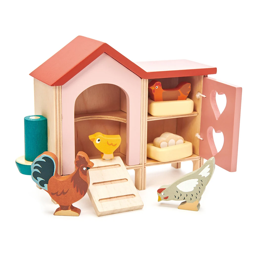Tender Leaf Toys wooden Chicken Coop with hens, a rooster, a chick and nests.