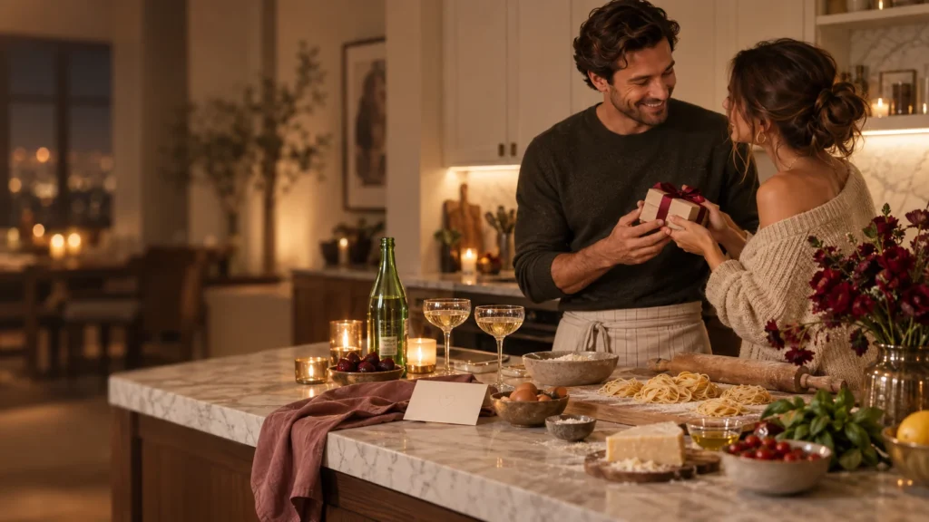 Couple exchanging a small gift while preparing dinner together.