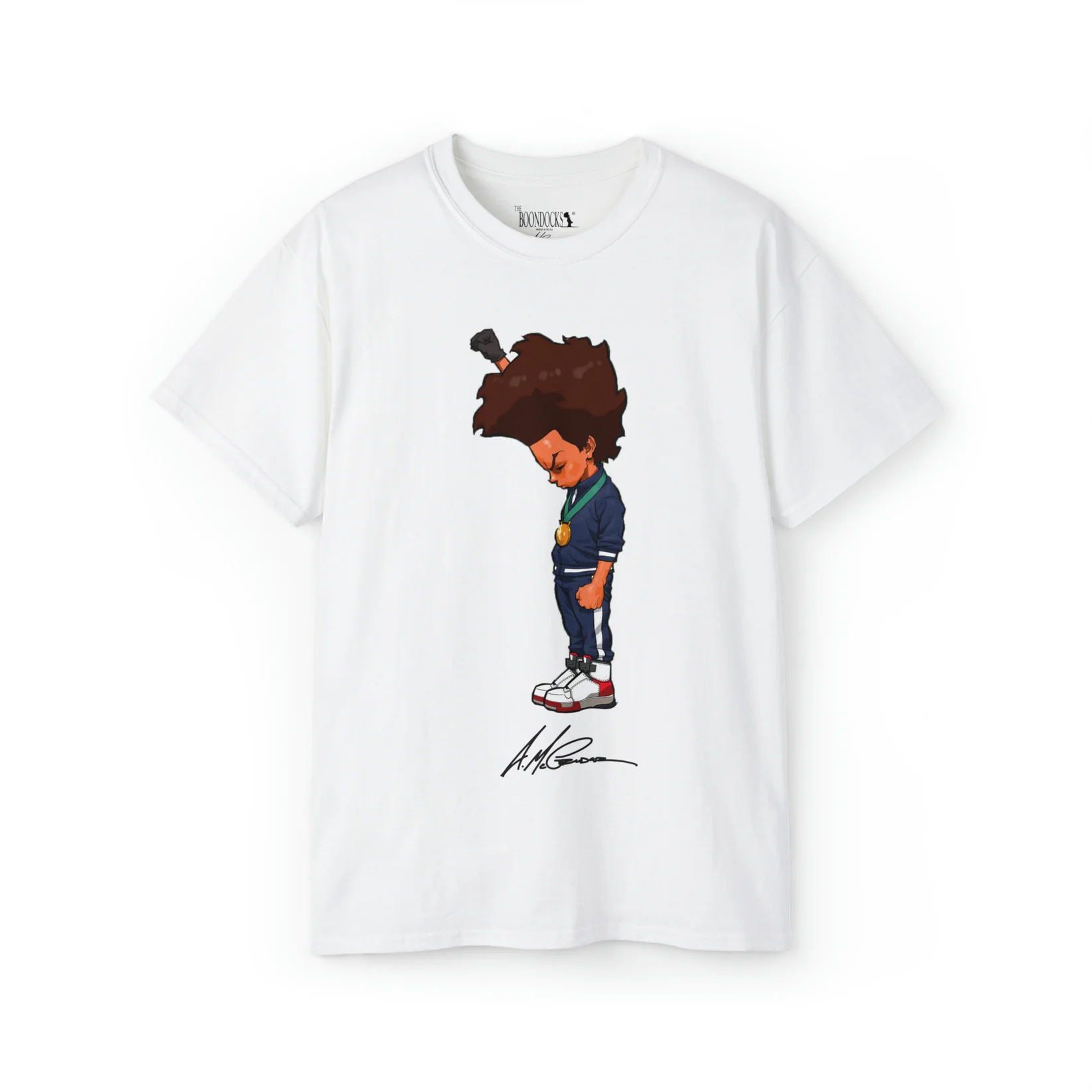 77 Best Christmas Gift Ideas That Feel Personal, Useful and Fun 68 White Boondocks T-shirt featuring Huey with a raised fist.