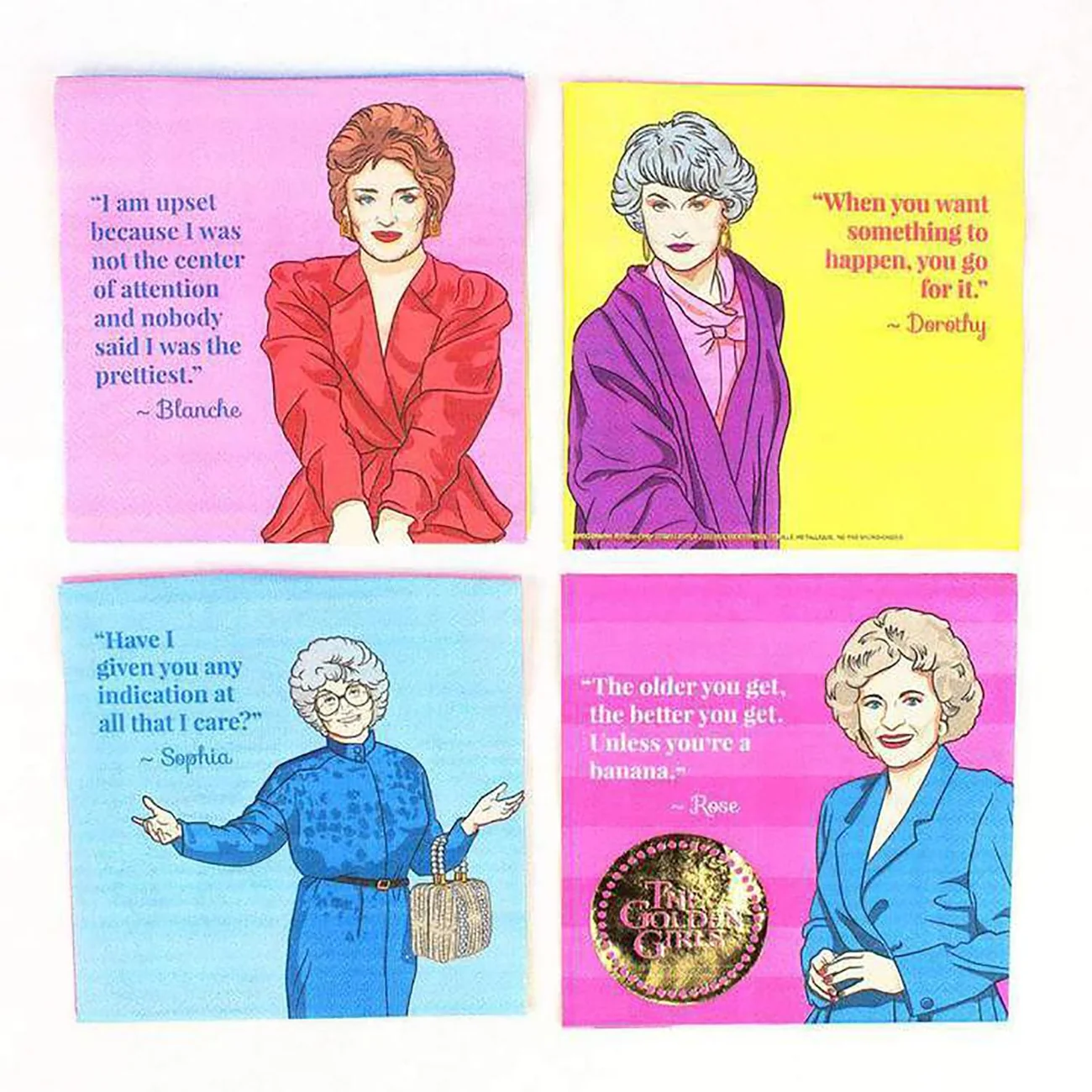 77 Best Christmas Gift Ideas That Feel Personal, Useful and Fun 67 Four Golden Girls napkin designs featuring Blanche, Dorothy, Sophia, and Rose.
