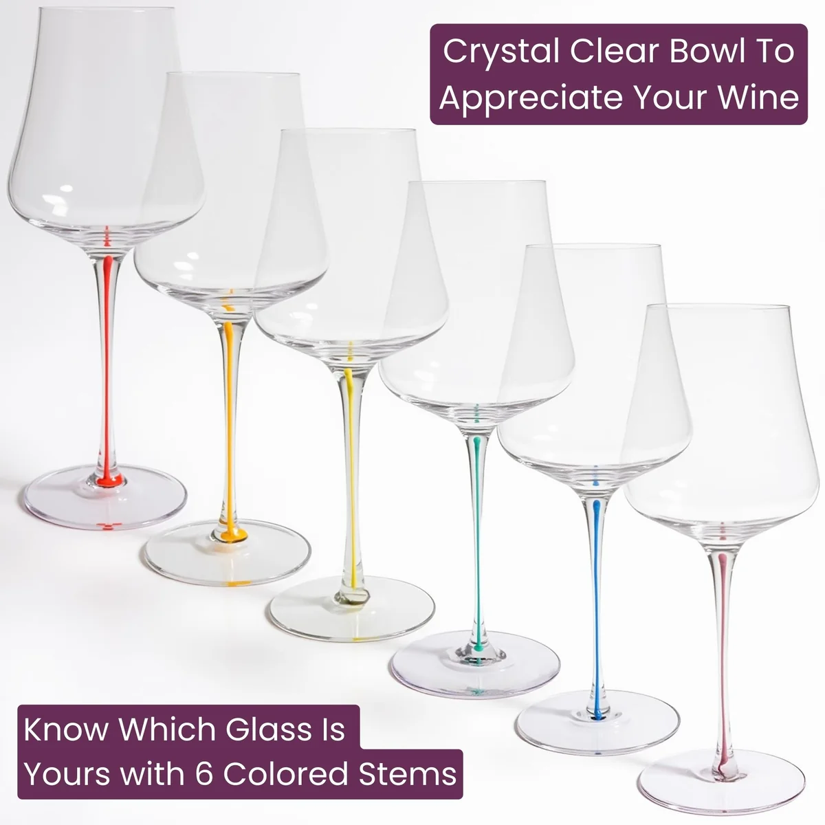 Tulip-shaped glasses with colored stems.