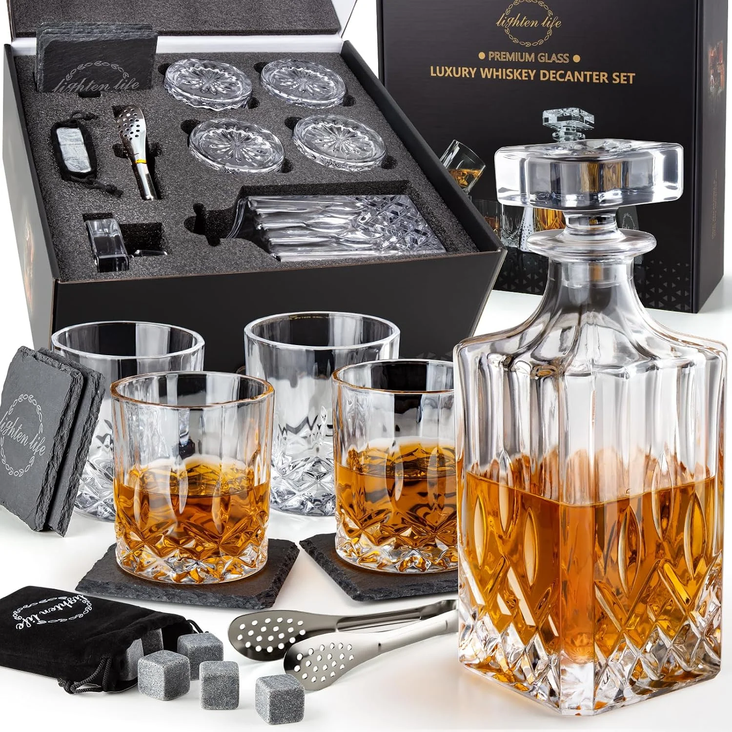 LIGHTEN LIFE whiskey decanter set with bar accessories
