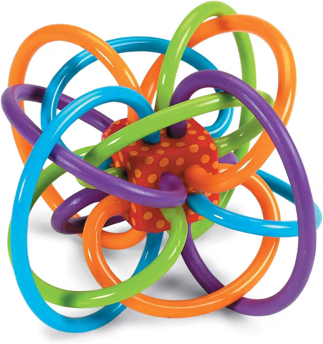 Manhattan Toy Winkel rattle with colorful loops around an orange center.