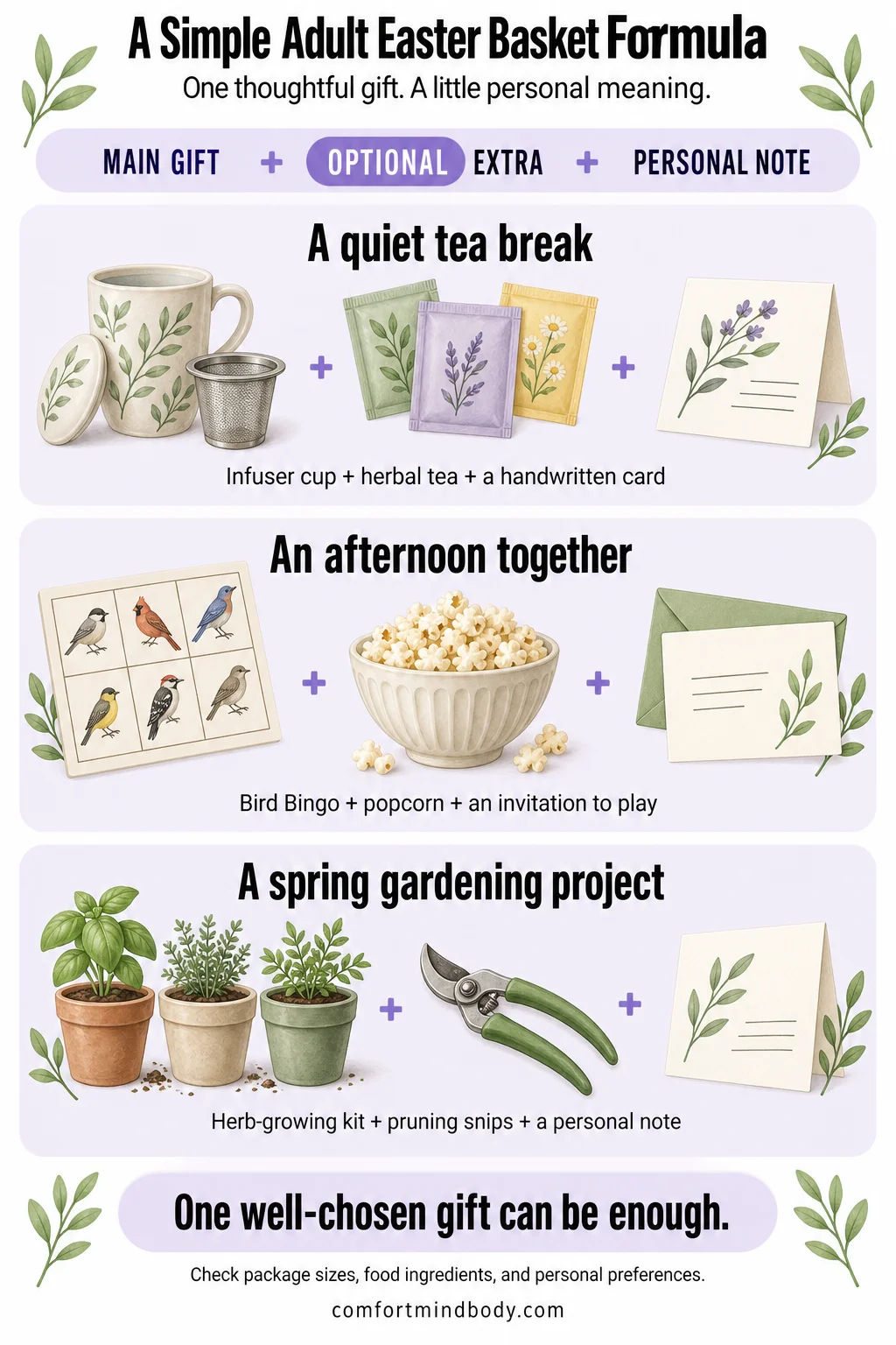 Adult Easter basket ideas: an infuser cup with tea, Bird Bingo with popcorn, and an herb-growing kit with pruning snips, each paired with a personal note.